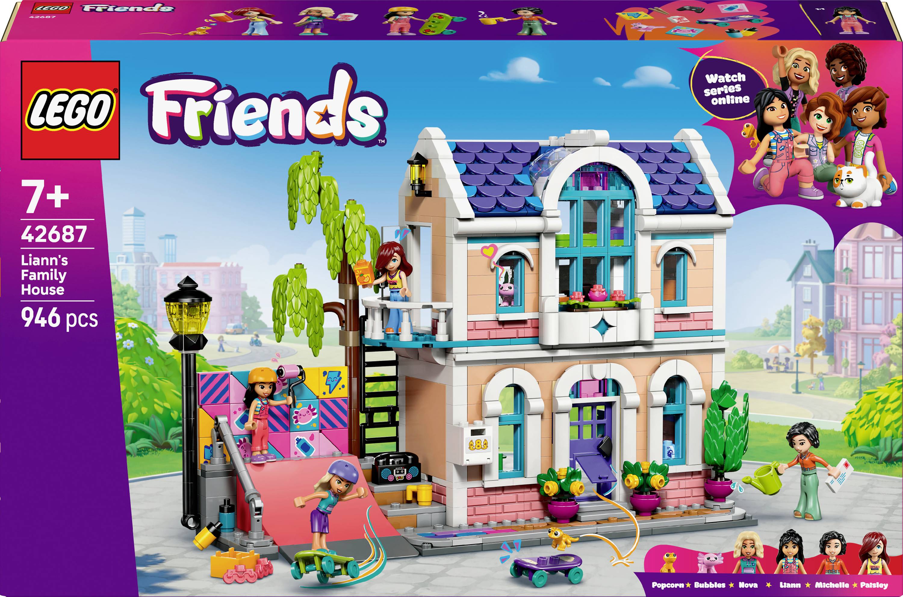 LEGO Friends Set 'Liann's Familienhaus' für Kinder ab 7 Jahren, enthält 946 Teile. Ausgestattet mit einem bunten zweistöckigen Haus, einem Skateboard und Charakterfiguren.