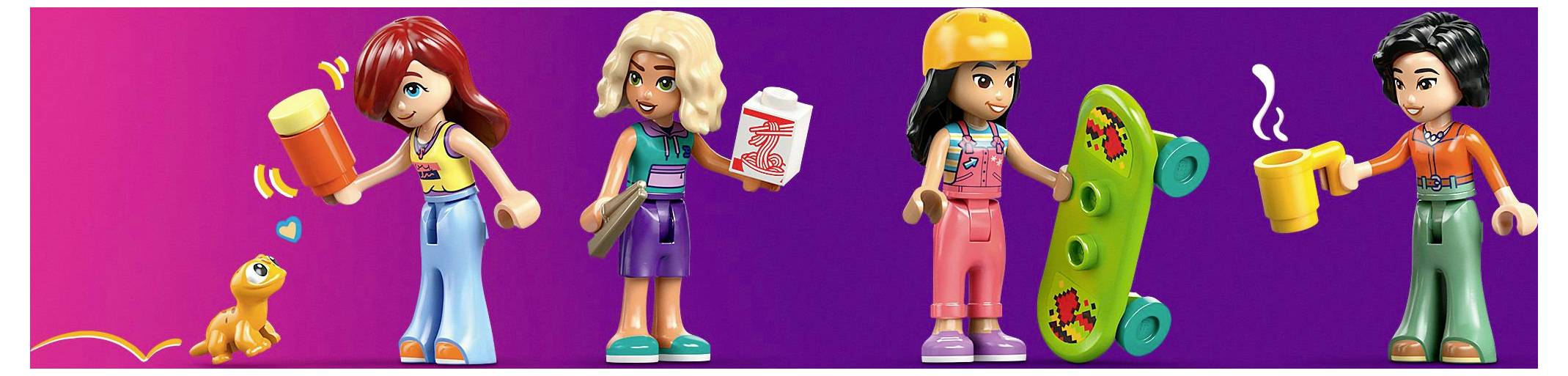 Vier bunte Spielfiguren dargestellt, eine mit einem orangefarbenen Hammer, die ein Tier füttert, eine andere mit einem Getränk in der Hand, gefolgt von einem Skateboarder und einer Figur, die einen Becher anbietet.