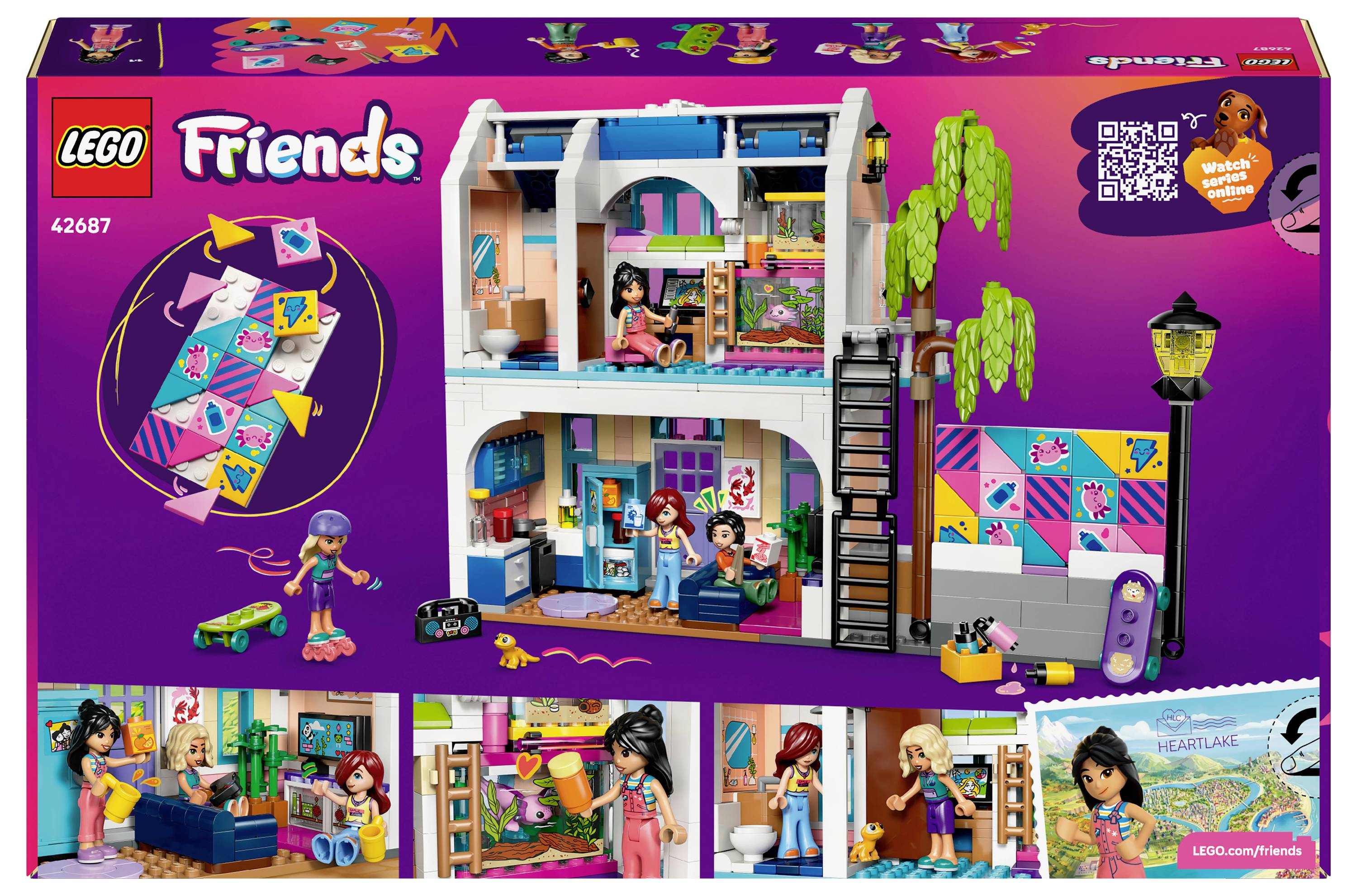 LEGO Friends Friseursalon-Set mit einer bunten zweistöckigen Salon, mit Charakteren, die sich an Stylingaktivitäten beteiligen, und verschiedenen salonthematischen Accessoires.