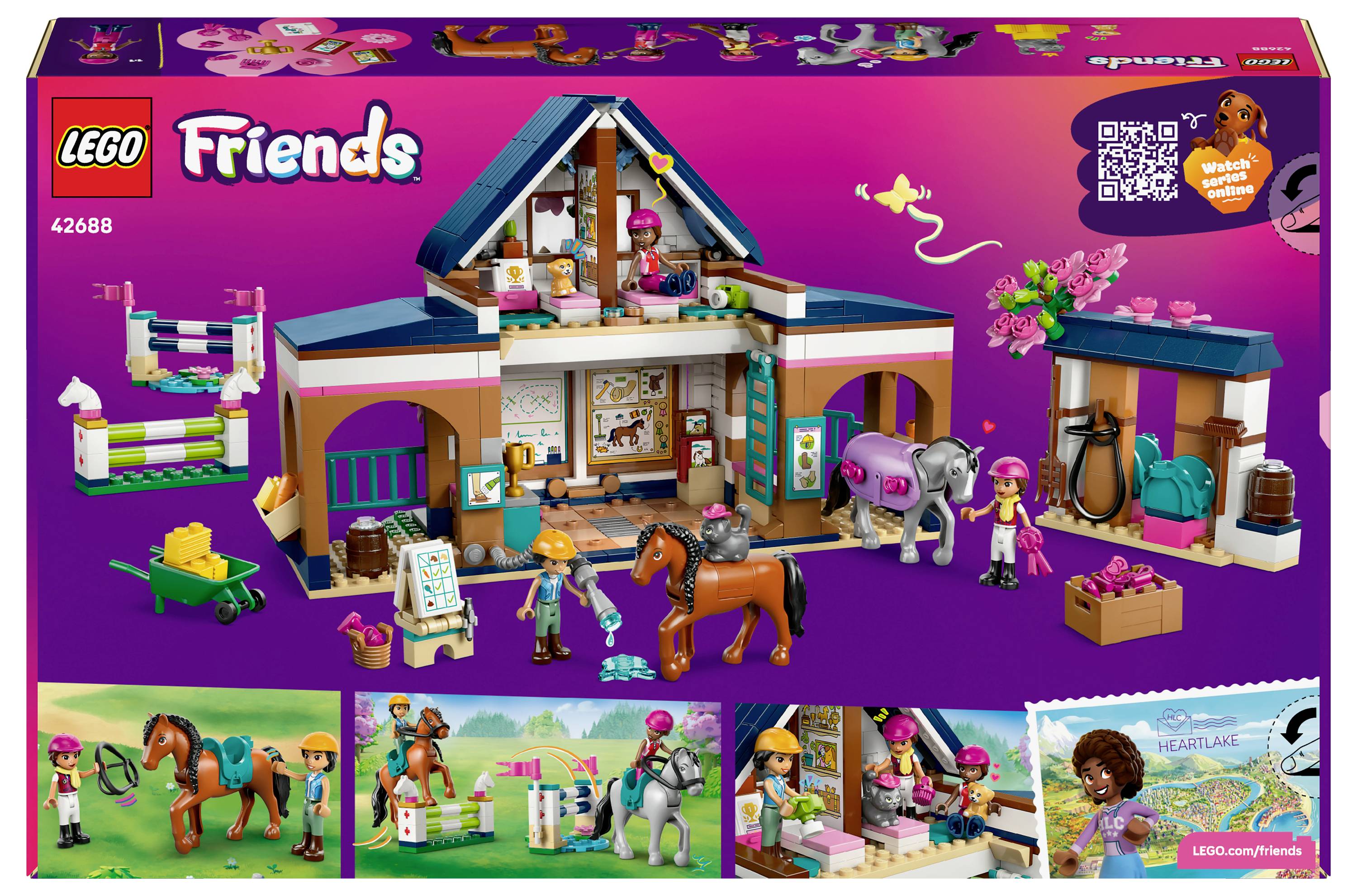 Verpackung des Lego Friends Reitsets mit einem Pferdestall, Minifiguren mit Pferden, Zubehör und einem QR-Code für zusätzliche Inhalte.