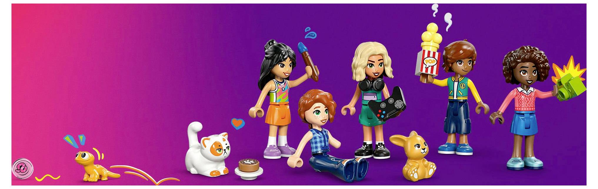 Lego-Minifiguren von diversen Kindern, die mit Spielzeugen spielen, eine Katze, ein Kaninchen, ein Hund und ein Geschenk auf einem bunten Hintergrund mit Verlaufseffekt.