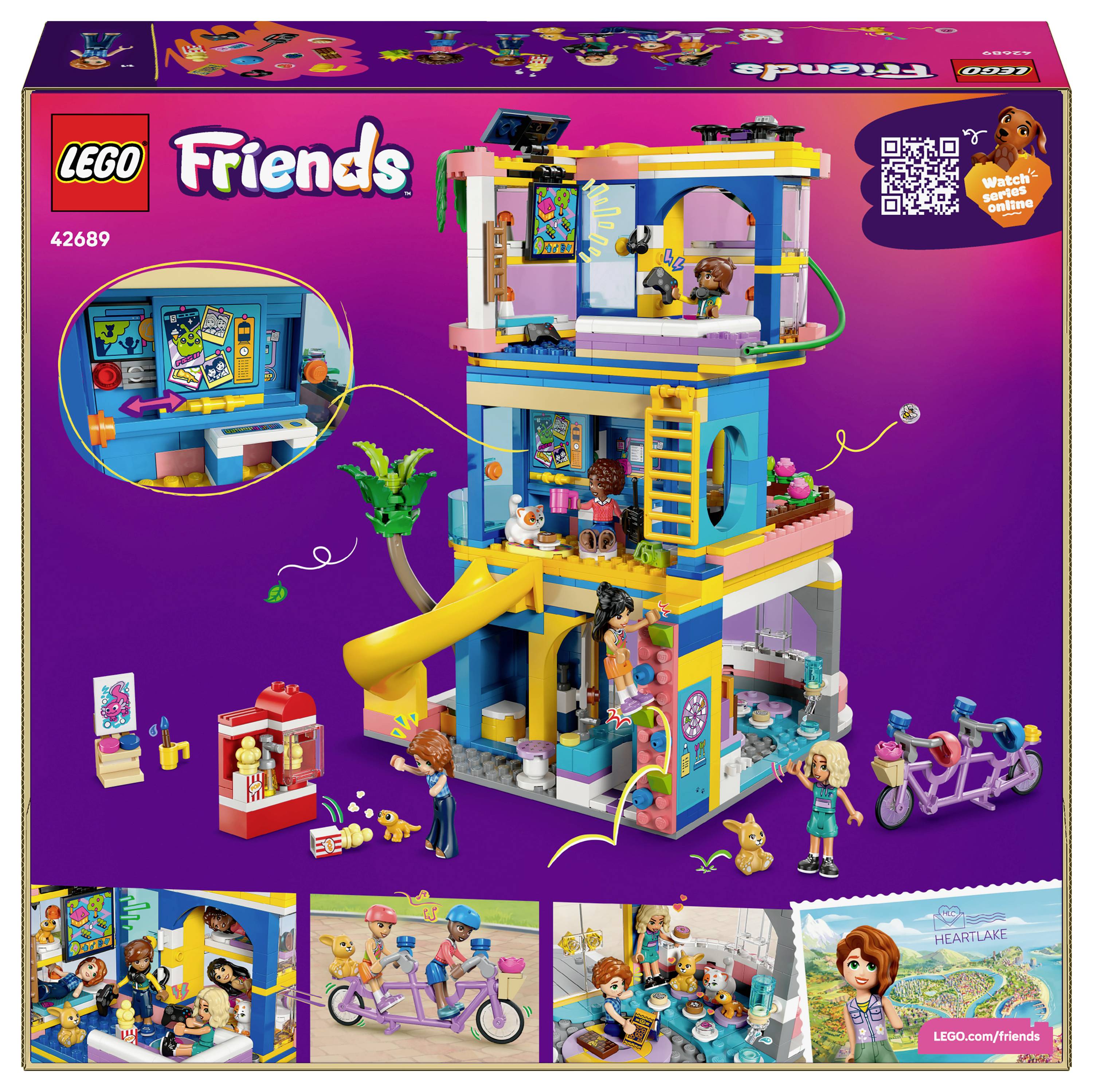 LEGO Friends Schachteldesign mit einem farbenfrohen Gebäude, verschiedenen Accessoires und Charakteren. Beinhaltet Einblendbilder von Spielszenen.