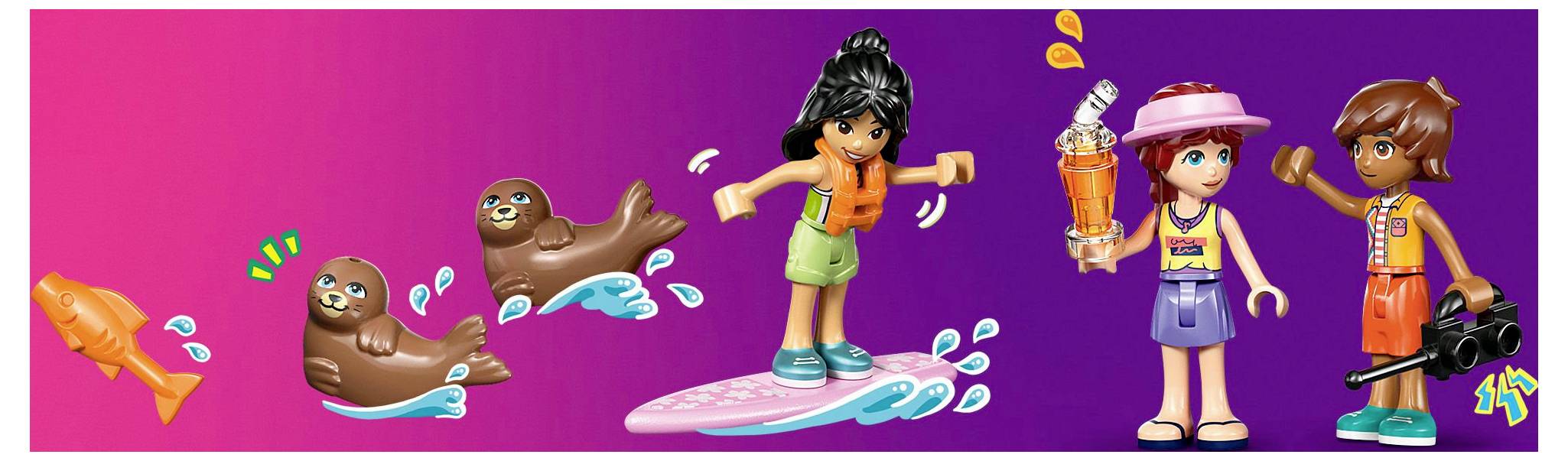 Zwei Spielfiguren mit einem Surfbrett, Spielzeugrobben und einem Fisch auf einem Hintergrund, der von Rosa zu Lila verlaufen ist. Eine Figur hält ein Getränk, die andere hat ein Fernglas.