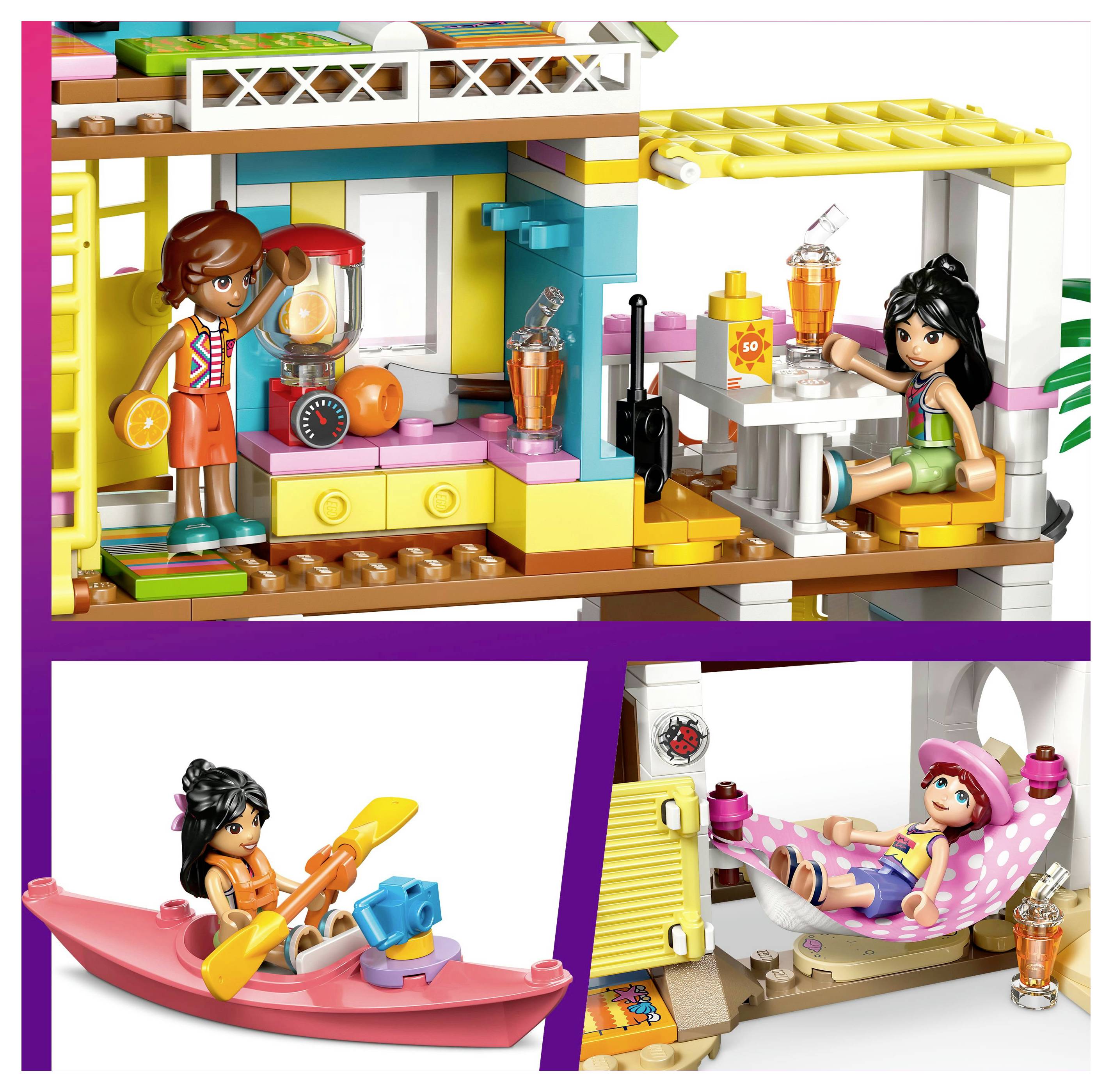 LEGO-Szene mit zwei Mädchen. Oben: ein Mädchen in einer bunten Küche, ein anderes sitzt an einem Tisch. Unten links: Mädchen beim Kayakfahren. Unten rechts: Mädchen entspannt in einer Hängematte.