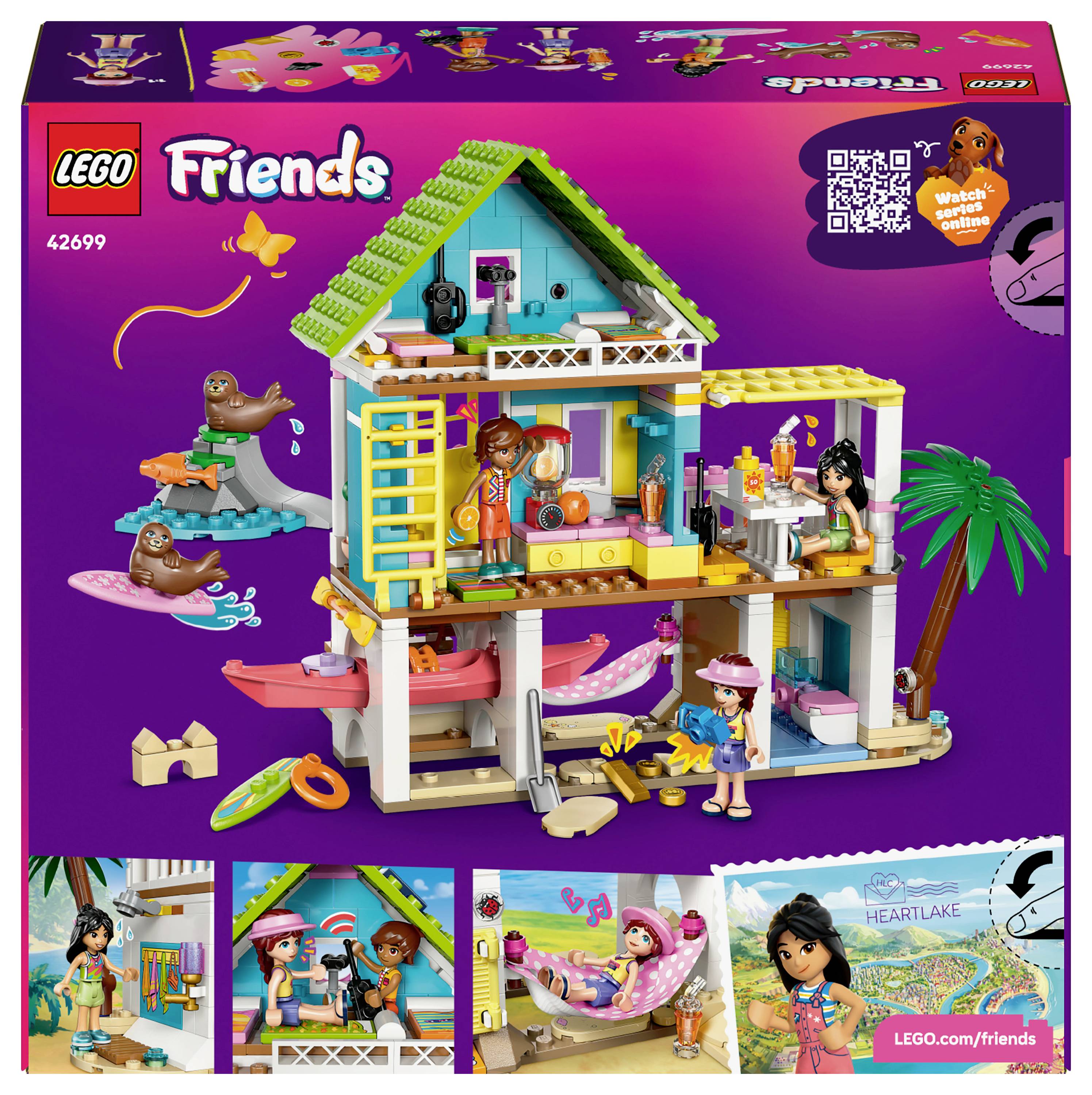 LEGO Friends Spielzeugset-Box, die ein farbenfrohes Strandhaus mit Figuren, Delfinen und Zubehör zeigt und Kreativität und Rollenspiel fördert.