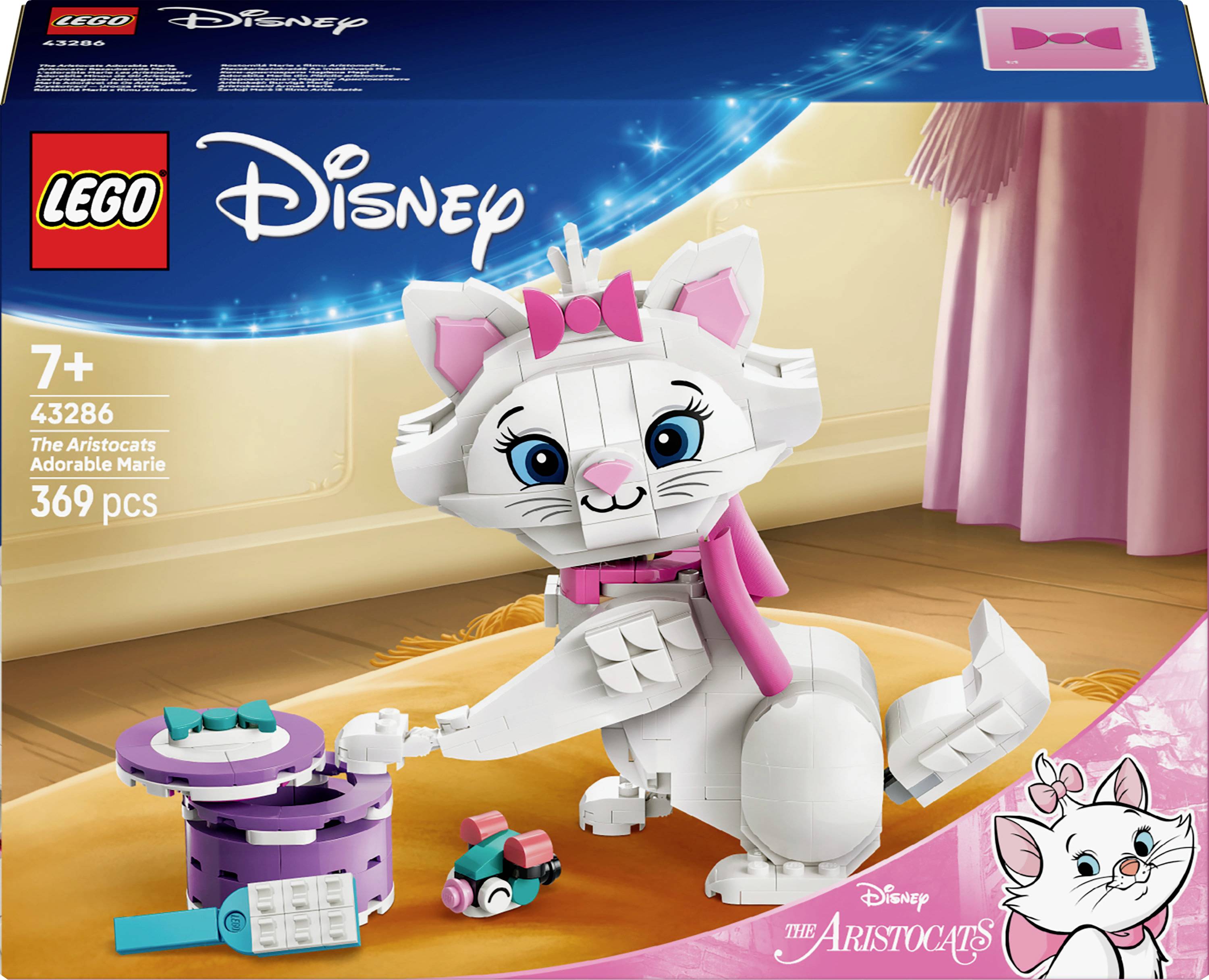 LEGO Disney Set mit der Figur Marie aus 'Aristocats'. Enthält 369 Teile, eine Schleife und einen Kuchen. Geeignet für Kinder ab 7 Jahren.