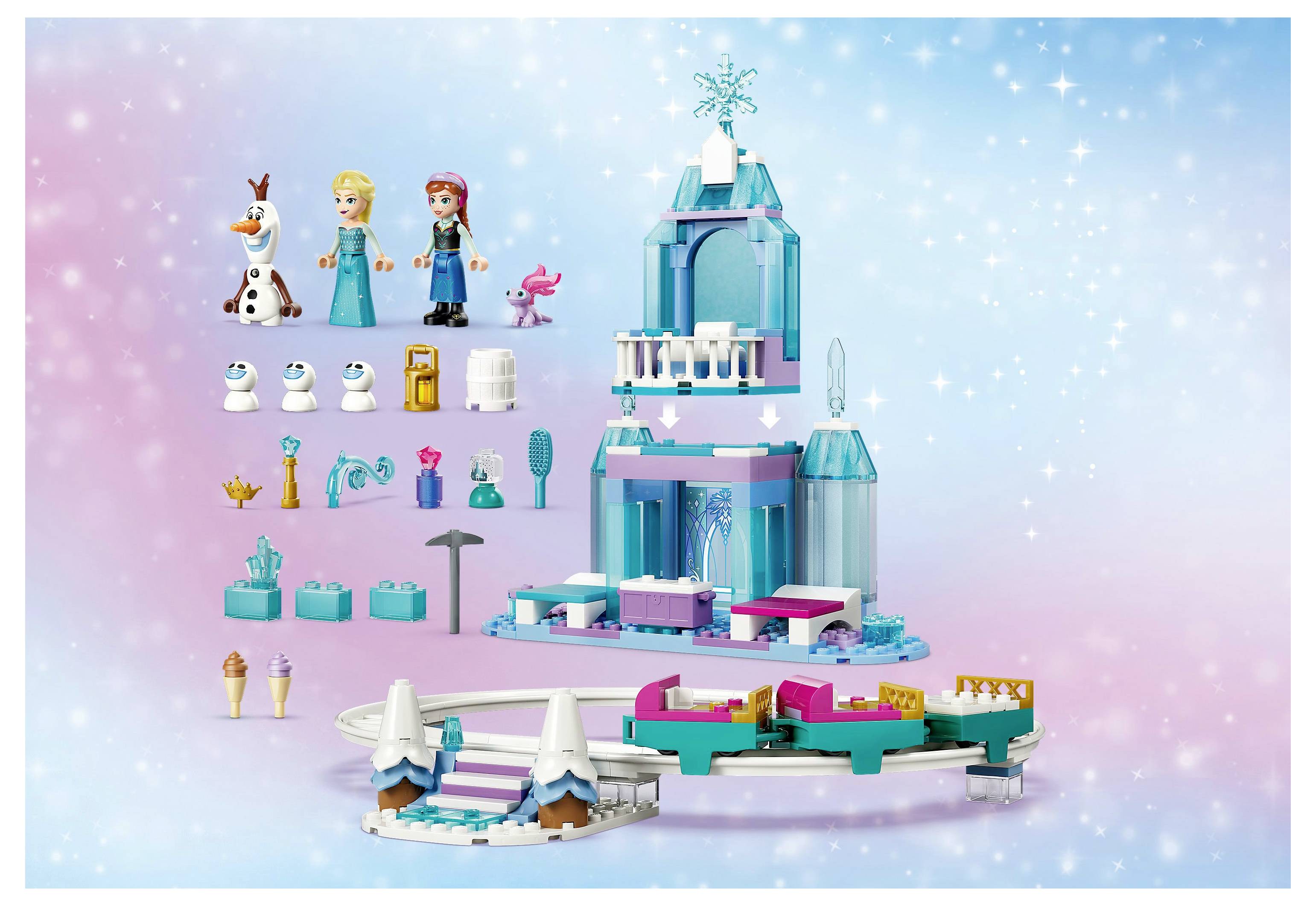 Bauset mit einer Winterburg, das Figuren und Zubehör enthält, inspiriert von einem Märchenmotiv. Beinhaltet Charaktere, einen Schneemann und winterlich-thematische Teile.