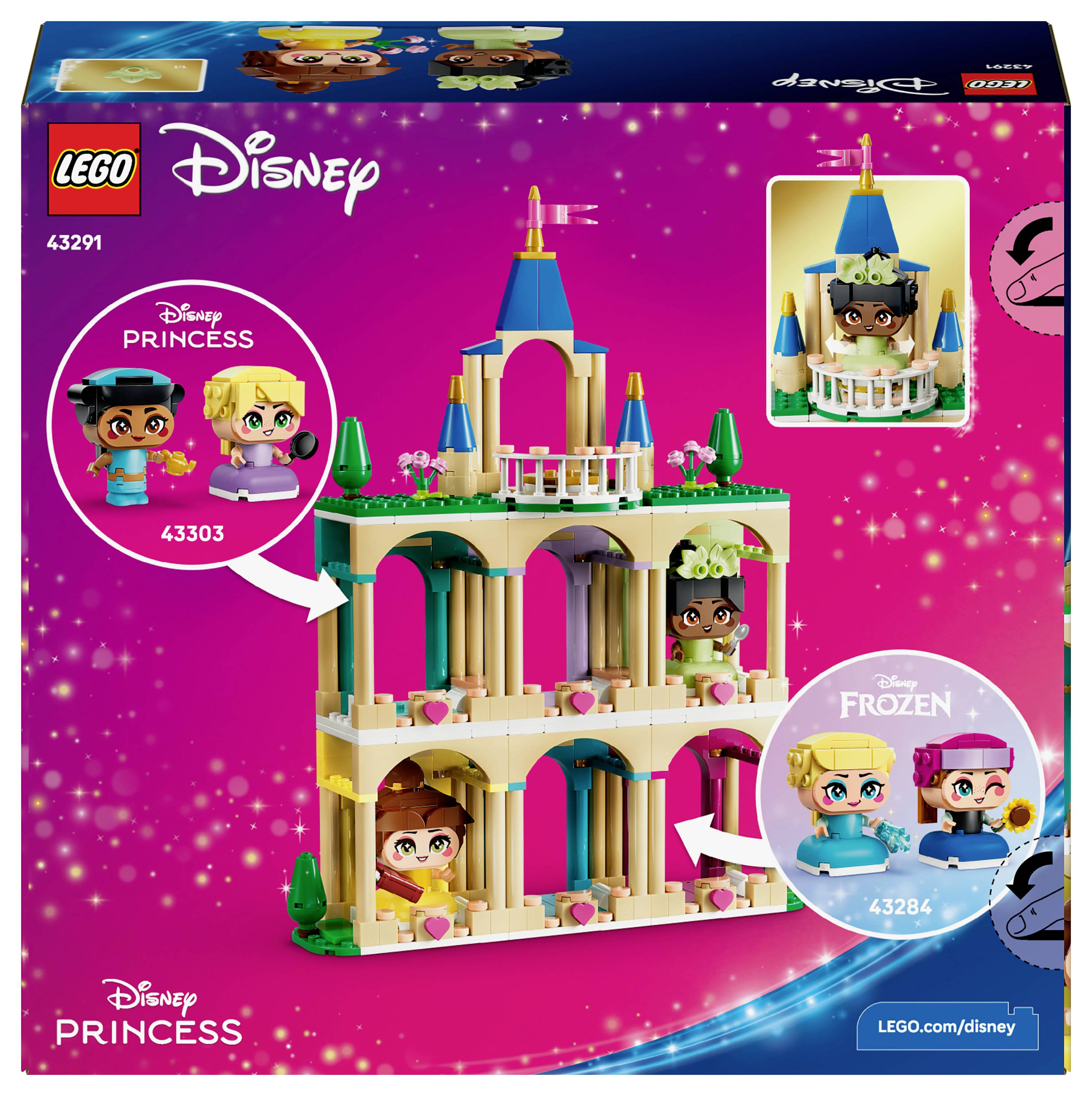 LEGO Disney Set mit einer Schlossszene, ausgestattet mit Minifiguren von Prinzessinnen und Charakteren aus Disneys 'Frozen' und 'Prinzessin'.