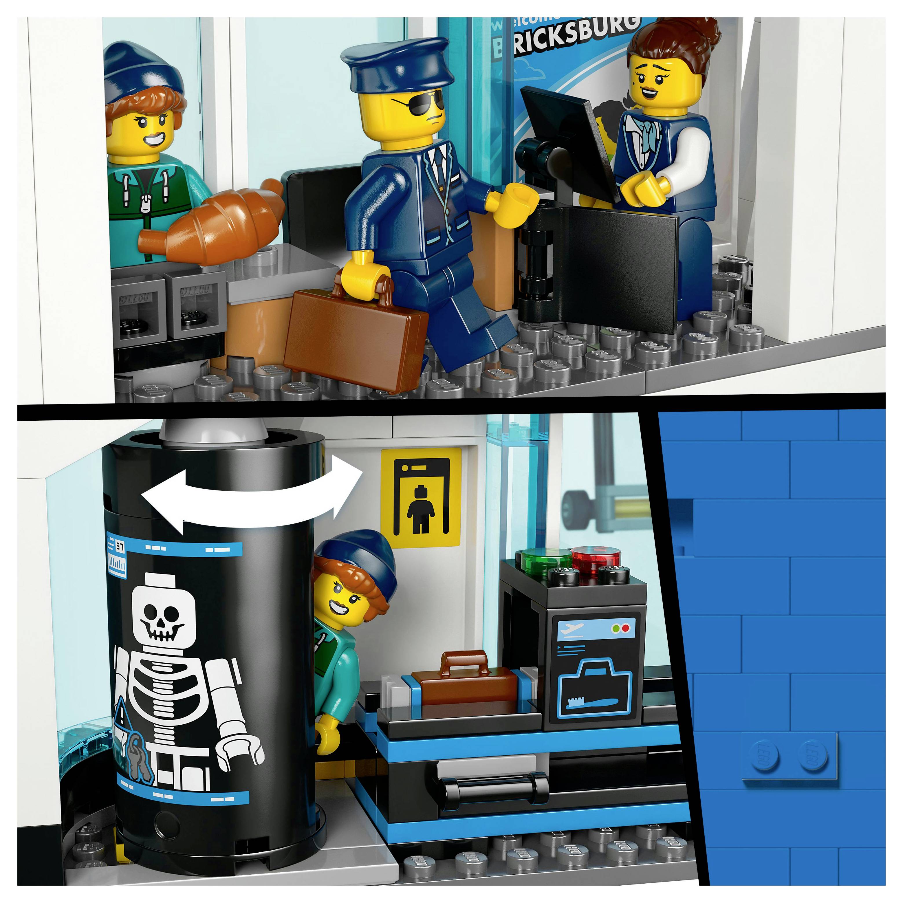 LEGO-Figuren in einer Comicszene; eine telefoniert, eine andere in Uniform mit Gepäck. Unten eine Figur in der Nähe eines rotierenden Skelett-Displays.