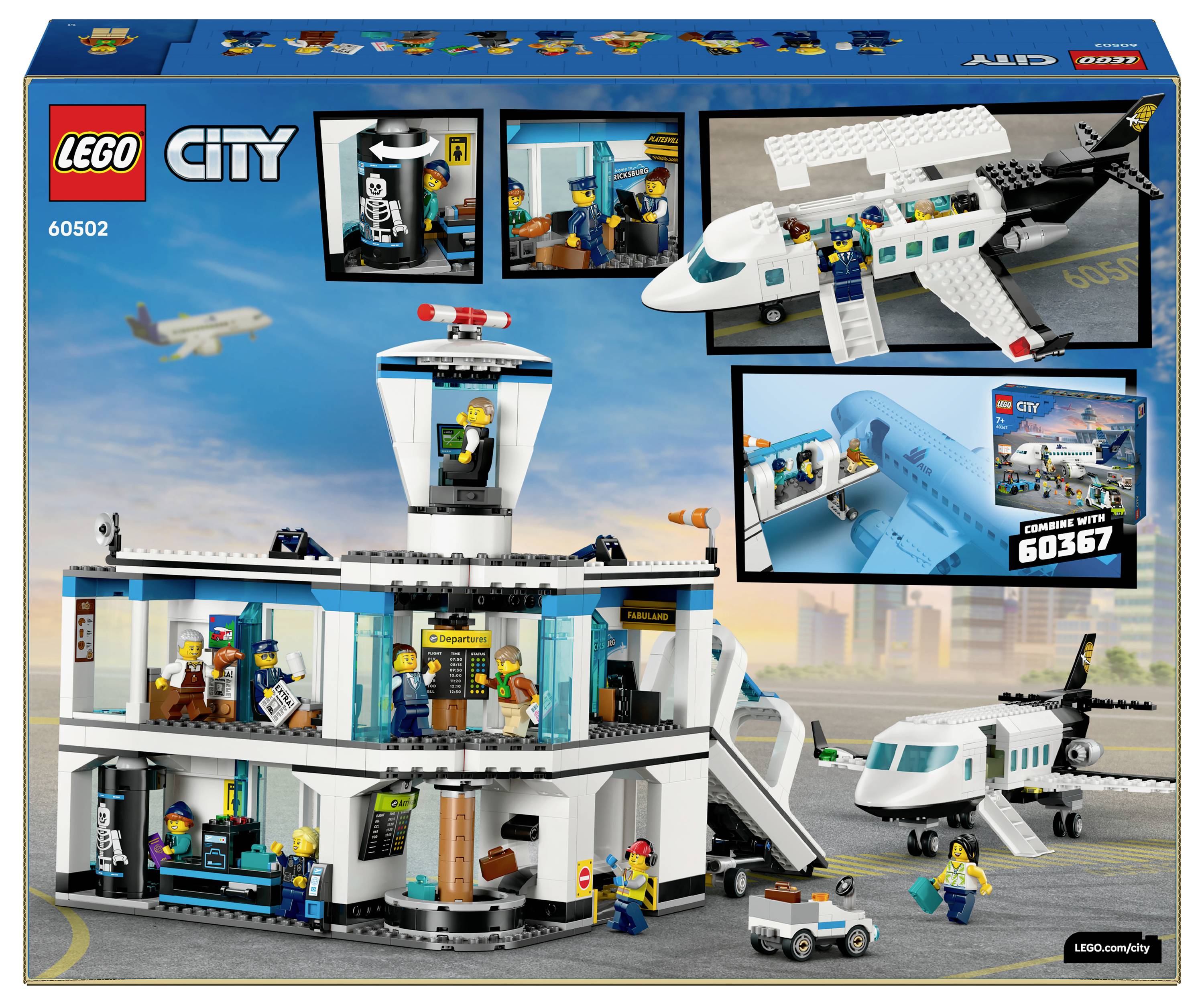 LEGO City Flughafen-Set mit einem detaillierten Kontrollturm, einem Flugzeug, Bodenpersonal und Passagieren. Einblendungen zeigen Figuren, ein Luftfahrzeug und eine Stadtlandschaft.