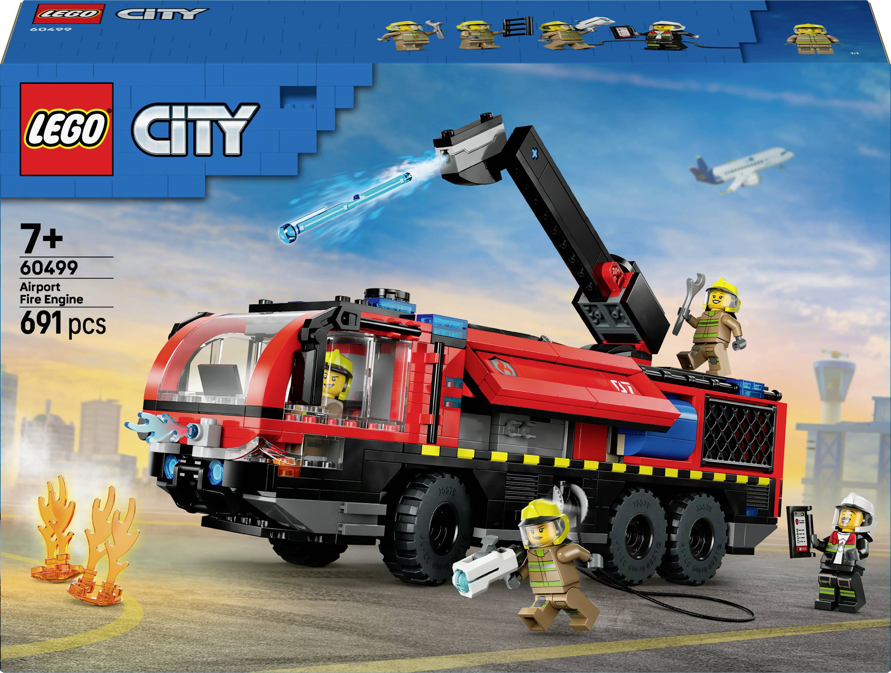 Lego City Flughafen-Feuerwehrwagen-Set mit 691 Teilen, bestehend aus einem Feuerwehrauto, Feuerwehrleuten mit Ausrüstung und kleinen Feuerelementen in einer Flughafenszene.