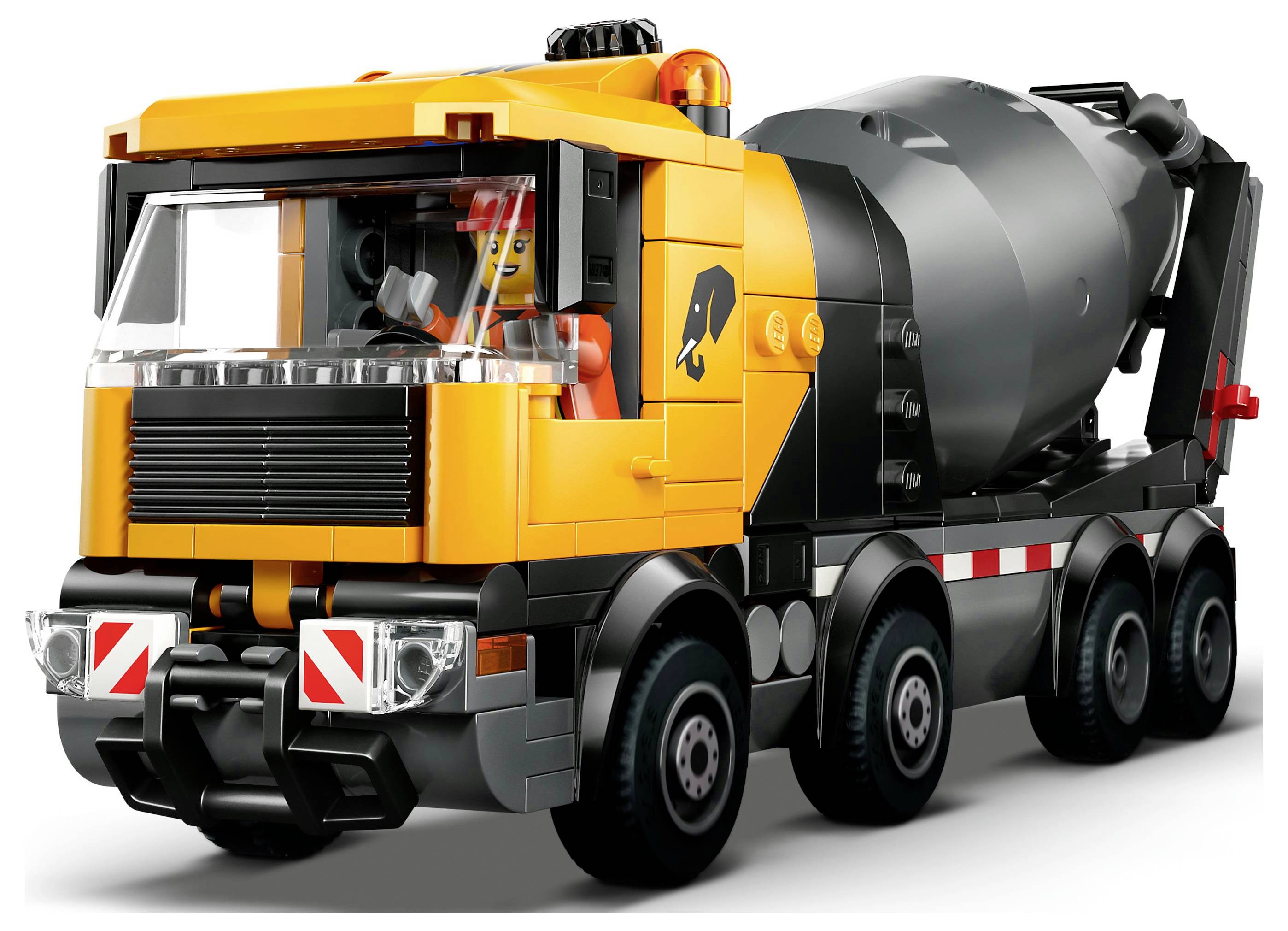 Ein Spielzeug-Zementmischer-Lastwagen in leuchtend gelben und grauen Farben. Er verfügt über sechs Räder, Seitenspiegel und eine kleine Figur auf dem Fahrersitz.