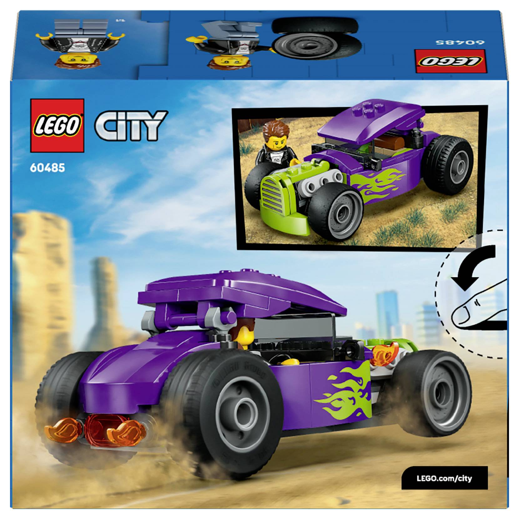 Schachtel, die ein LEGO City Spielzeug-Autoset zeigt, mit einem lila und grünen Hot Rod mit Flammen-Dekals, vor einem Wüstenhintergrund präsentiert.
