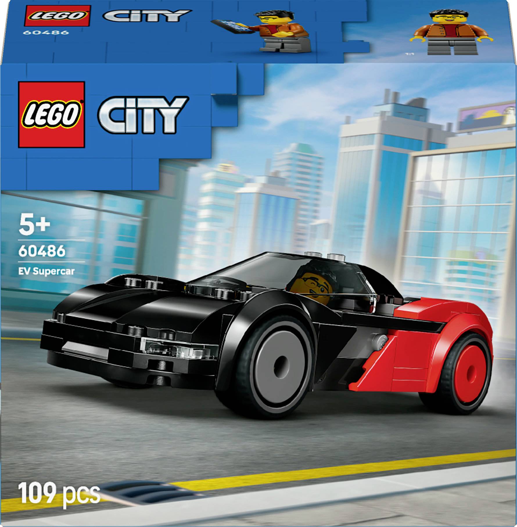 LEGO City Schachtel mit einem 'EV Supercar' Modellset für Kinder ab 5 Jahren, bestehend aus 109 Teilen. Auto wird in einer Stadtlandschafts-Umgebung präsentiert.