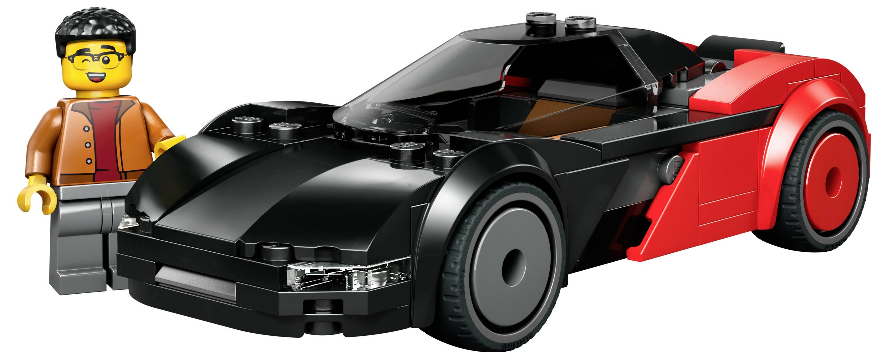 Ein LEGO-Spielset, das eine lächelnde Figur in einer roten Jacke zeigt, die neben einem elegantem schwarzen und roten Sportwagen-Modell steht.