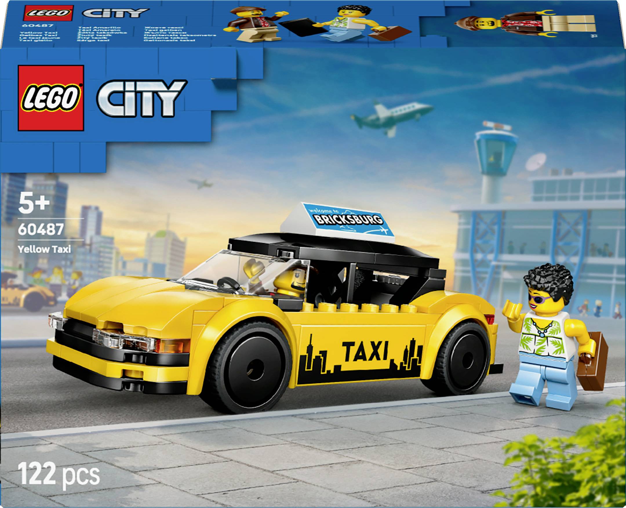 Eine LEGO-Set-Box, die ein gelbes Taxi mit Details der Stadtsilhouette, einem Minifigur-Fahrer und einem Passagier auf einer Flughafenstraße zeigt. Enthält 122 Teile.