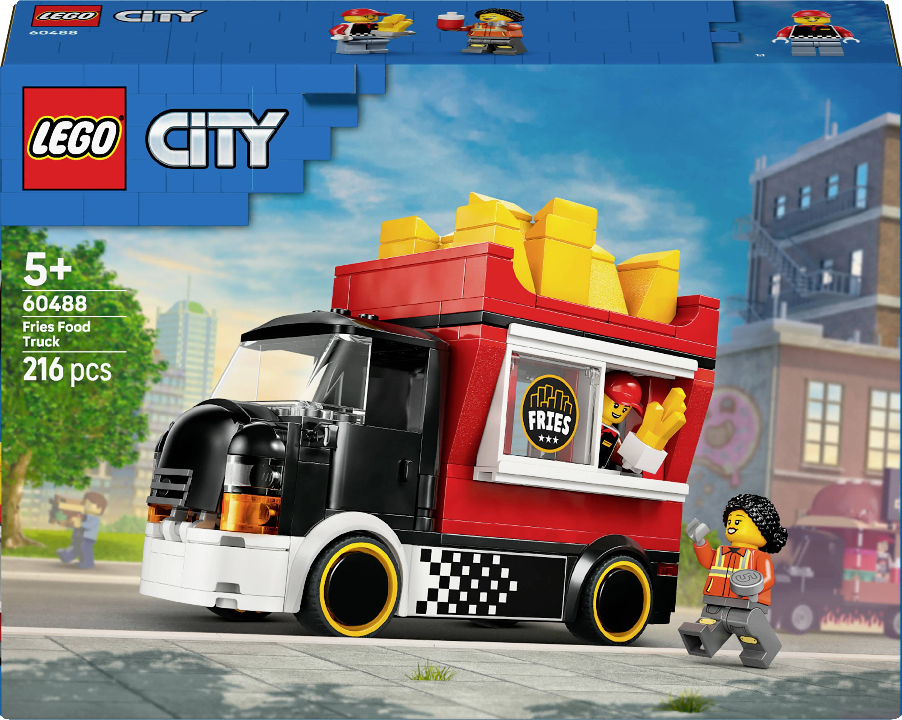 LEGO City Pommes-Foodtruck Set 60488; beinhaltet einen schwarz-roten Truck mit einem großen Pommes-Schild auf dem Dach, inklusive einer LEGO-Figur. Geeignet für Kinder ab 5 Jahren.