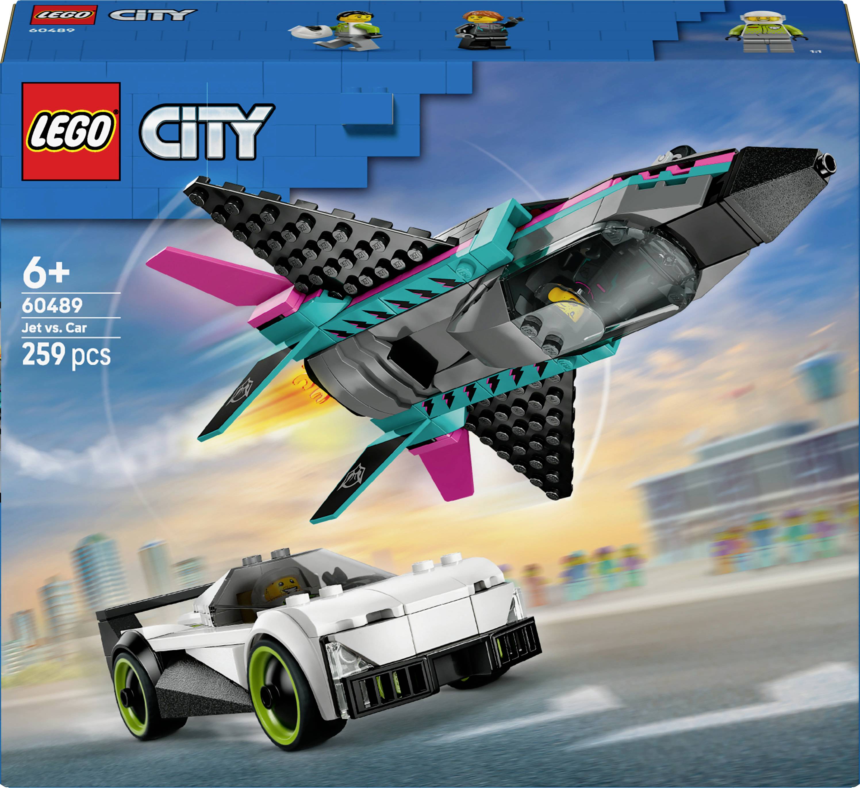 Ein LEGO City Set mit einem futuristischen Jet und einem schlanken weißen Auto mit einem Fahrer. Die Verpackung zeigt, dass es 259 Teile enthält.