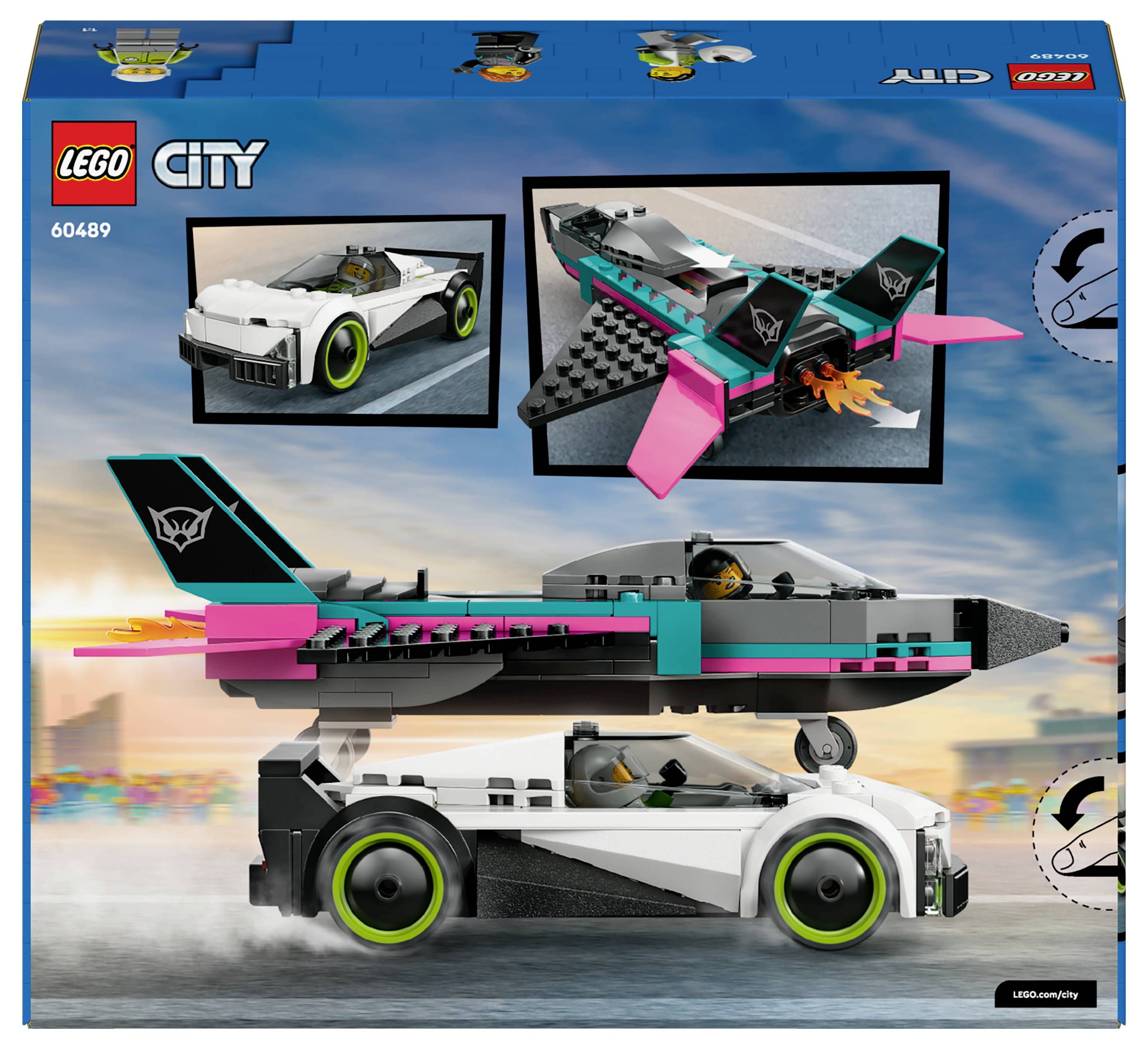Lego City Set 60489 mit Aufbau eines Sportwagens und Düsenjets mit Neon-Akzenten, dargestellt als Steinillustrationen auf blauem Hintergrund.