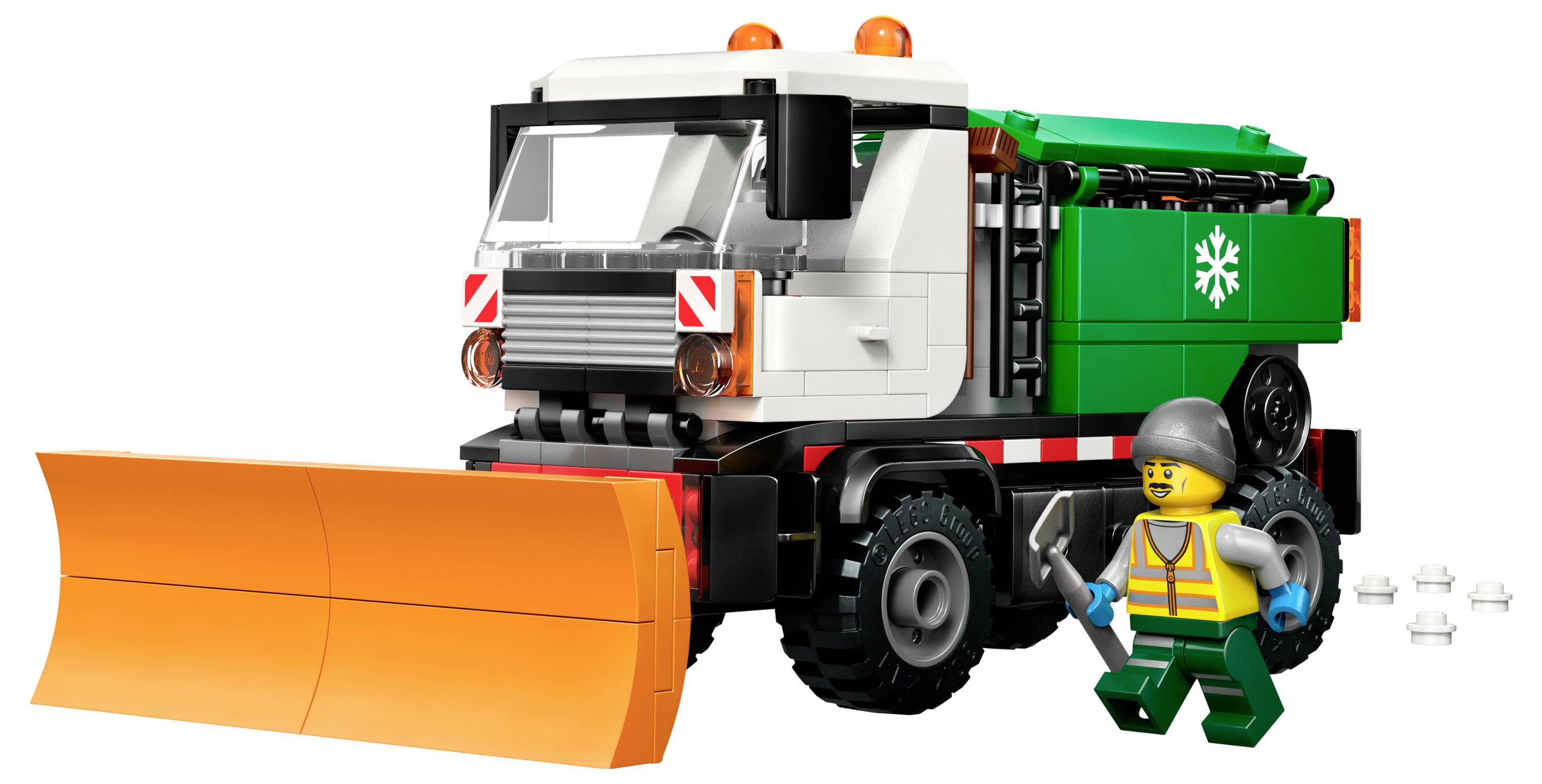 Ein Spielzeug-Schneepflug-Truck mit einer orangefarbenen Schneeschaufel und einem grünen Ladebereich, zusammen mit einer Bauarbeiterfigur, die einen Schraubenschlüssel hält.