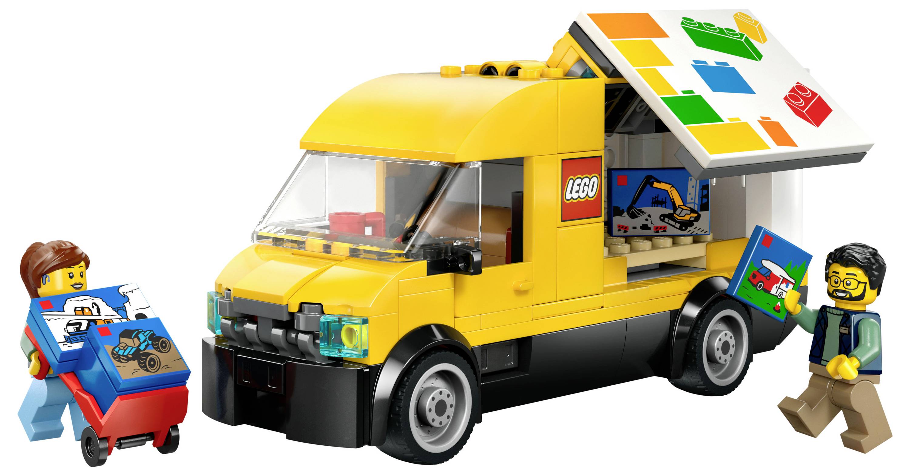 Ein gelber LEGO-Lastwagen mit einer offenen Seitenklappe, in der bunte Bausteine zu sehen sind. Zwei LEGO-Figuren stehen daneben, eine davon hält eine LEGO-Box.