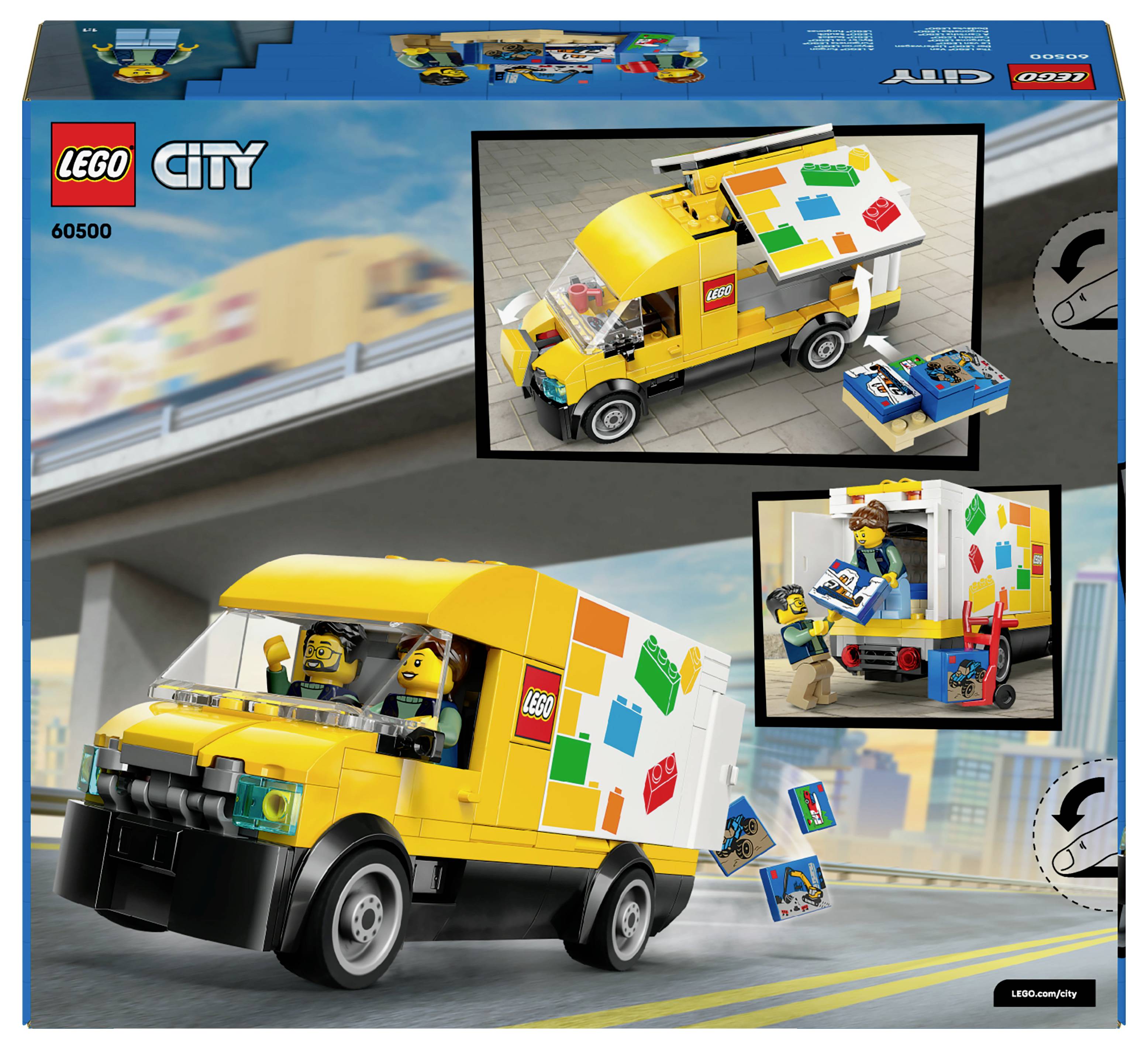 Lego City gelber Lieferwagen-Set mit zwei Figuren, die Pakete verladen, mit farbenfroher Verpackungsgrafik und Straßenhintergrund.