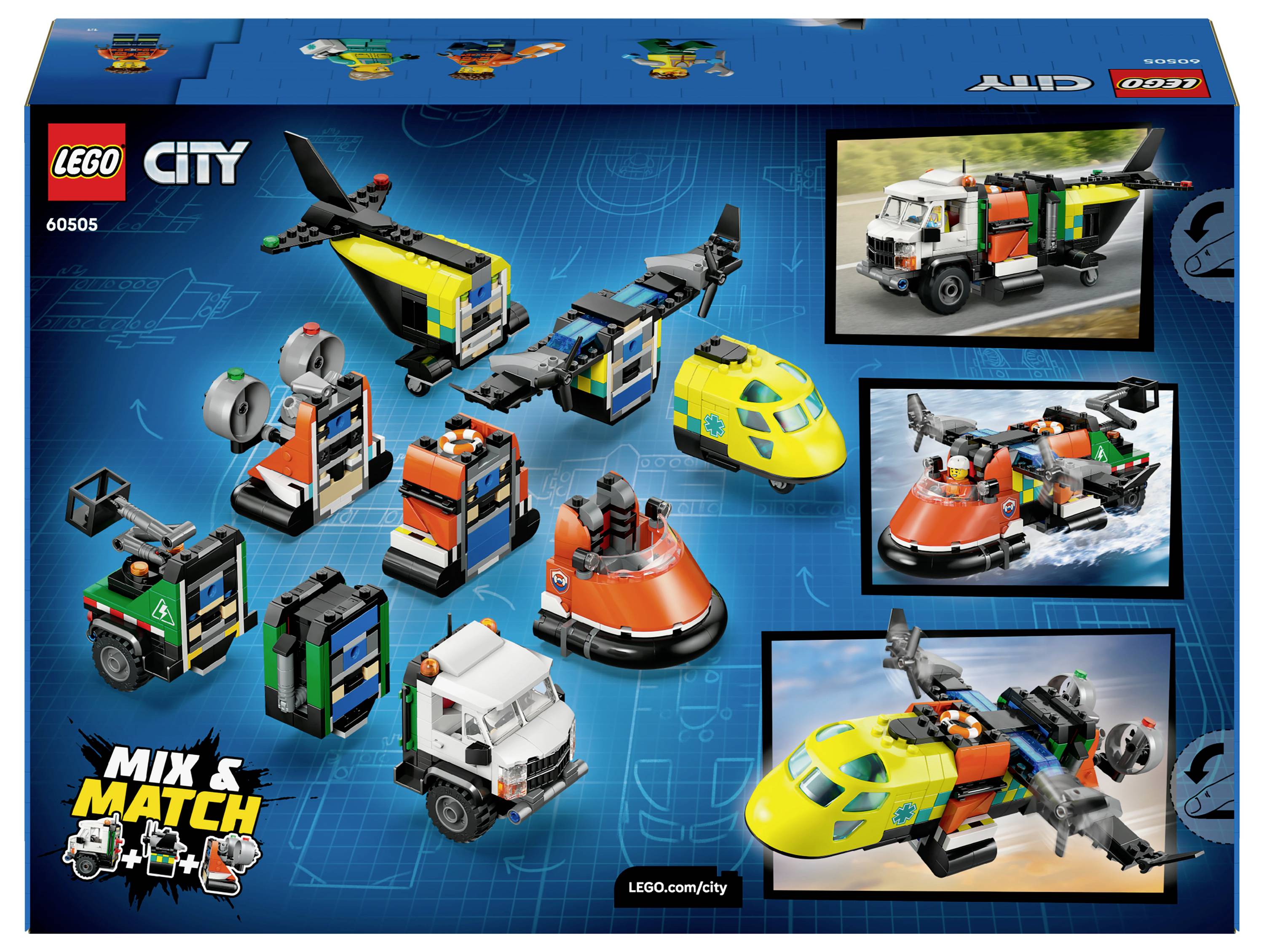 Schachtel mit verschiedenen LEGO City Fahrzeugbauwerken, einschließlich Lastwagen, Hovercrafts und Flugzeugen, mit hervorgehobener 'Mix & Match' Funktion.