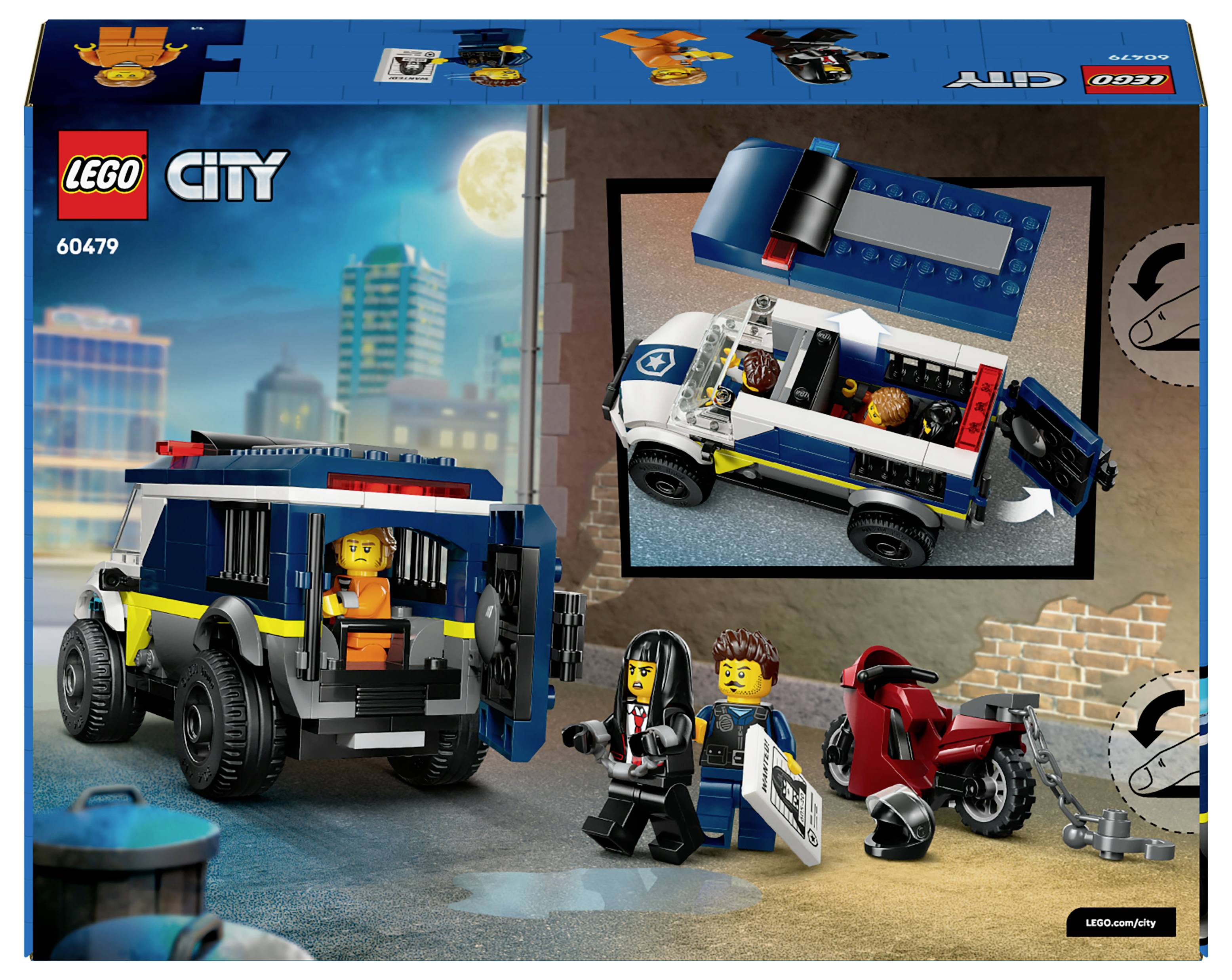 Lego City Set, das ein Polizeifahrzeug mit geöffneter Hecktür zeigt, einen Polizisten als Minifigur, der eine Person verfolgt, und ein rotes Motorrad vor städtischem Hintergrund.