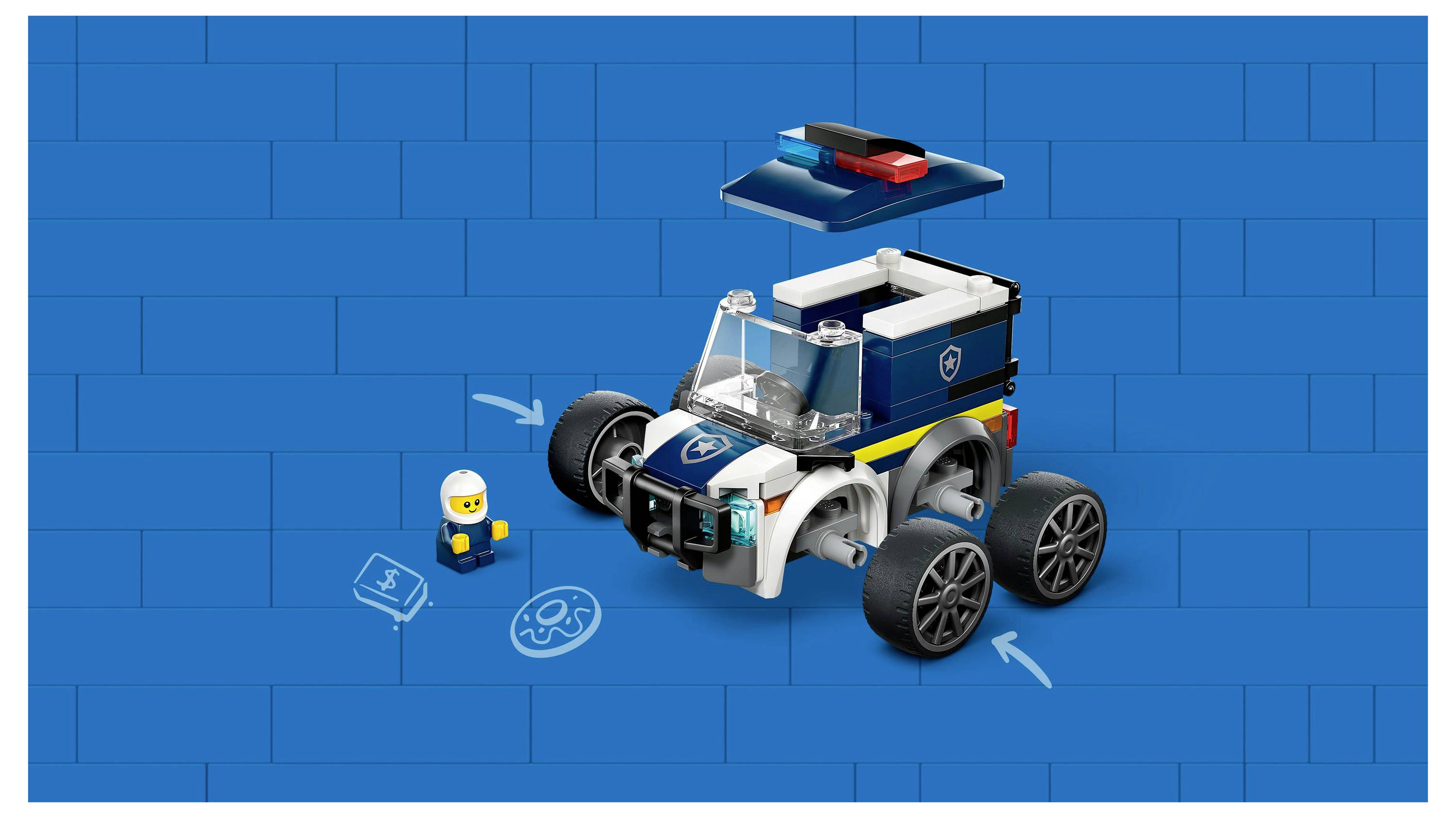 Ein kleines Spielzeugfahrzeug mit großen Rädern und offenem Dach steht auf einem blauen Hintergrund. Eine Figur mit Helm steht in der Nähe mit Symbolen und Pfeilen.