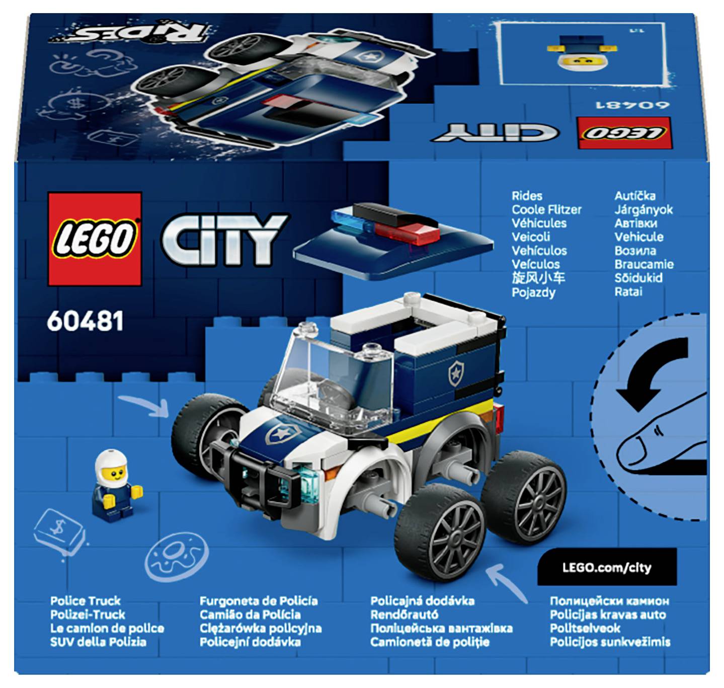 LEGO City Polizei-Truck Set 60481 Verpackung. Enthält einen blauen Polizei-Truck-Bau, LEGO-Minifigur und polizeithematische Grafiken.