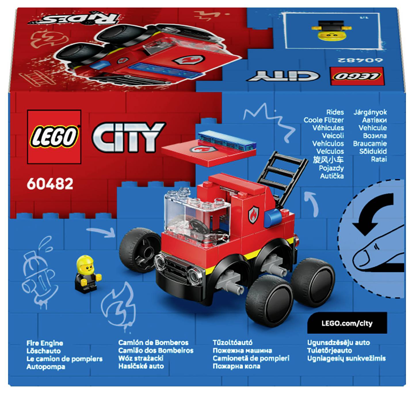 LEGO City Set 60482 mit einer roten Feuerwehrauto-Spielzeug mit großen schwarzen Rädern. Enthält eine Minifigur und Bauanleitungen.