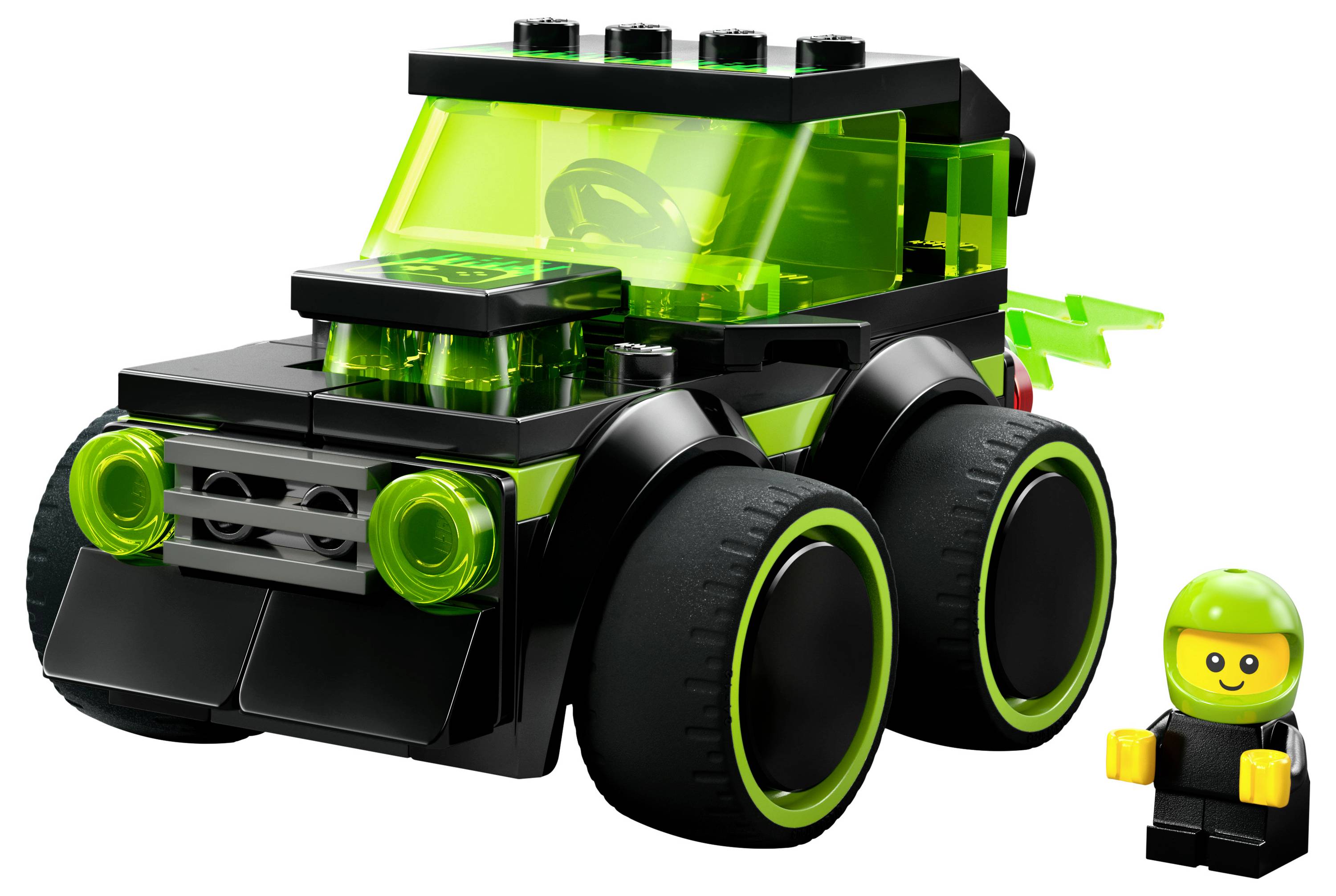 Ein schwarzes und grünes Spielzeugauto mit großen Rädern, das Neon-Akzente aufweist, ist von einer kleinen Figur mit einem grünen Helm begleitet.