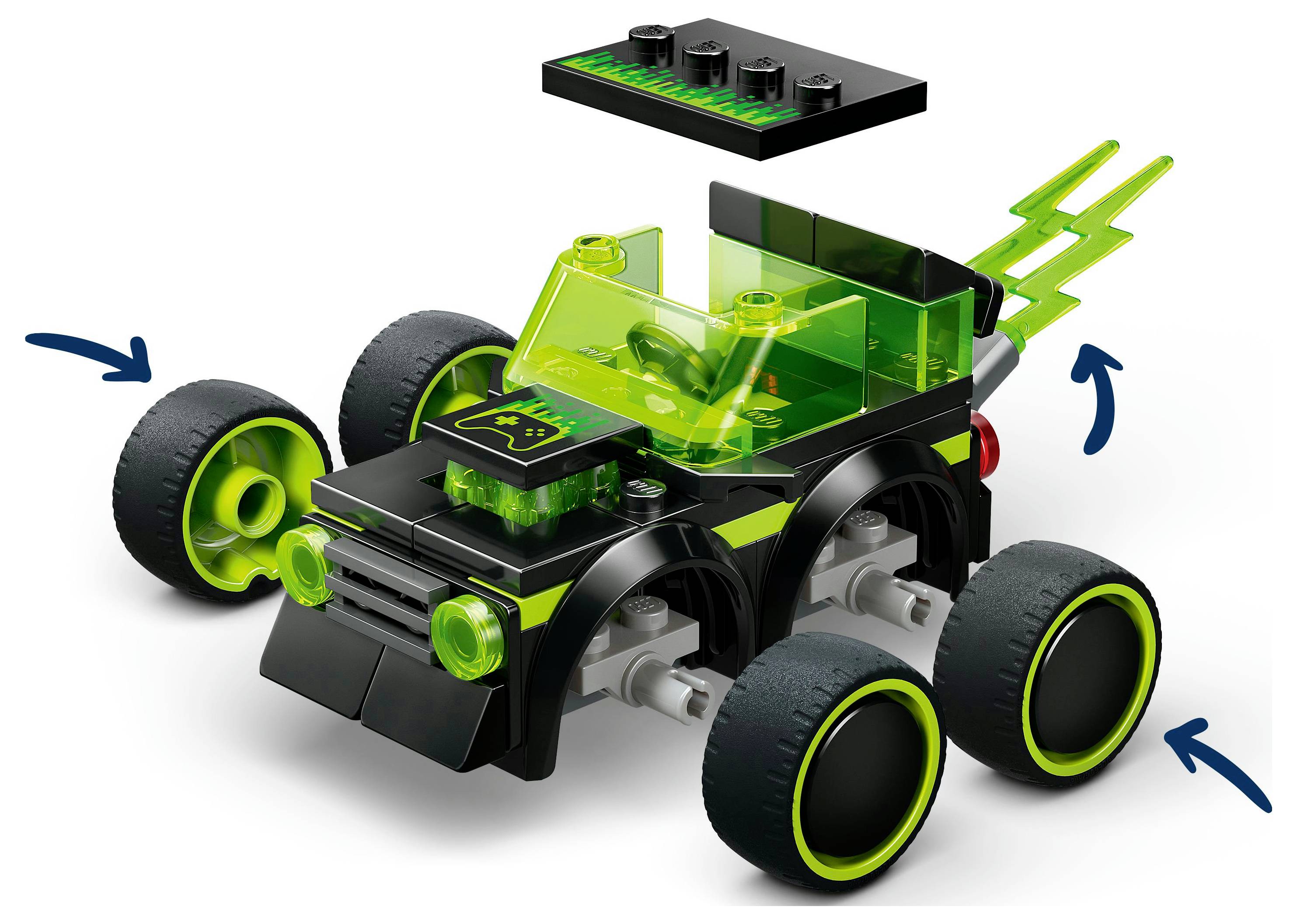 Ein kleines, schwarzes und grünes Spielzeugauto mit sechs Rädern und transparenten grünen Details. Blaue Pfeile zeigen an, wo Teile befestigt werden sollen.