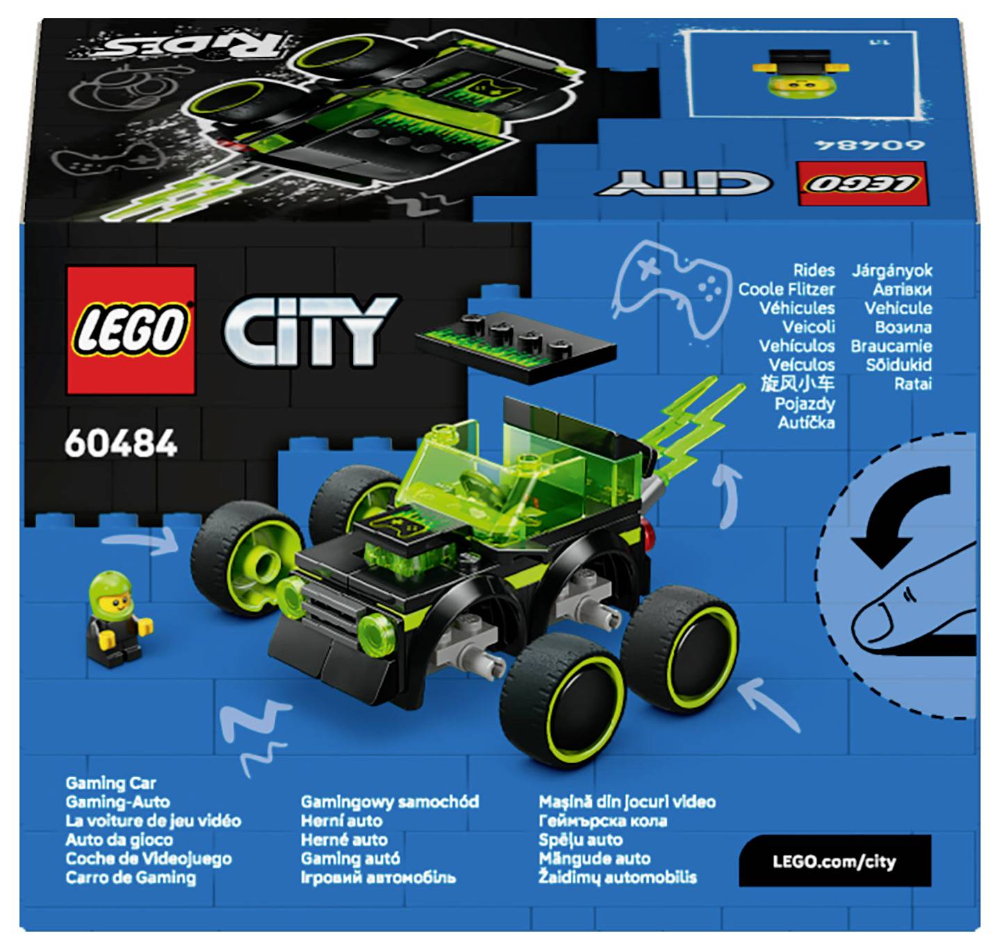 Das Bild zeigt eine LEGO City Set-Box mit einem Spielzeug-Rennwagen in grünen und schwarzen Teilen, beschriftet mit 'LEGO City 60484 Gaming Car'.