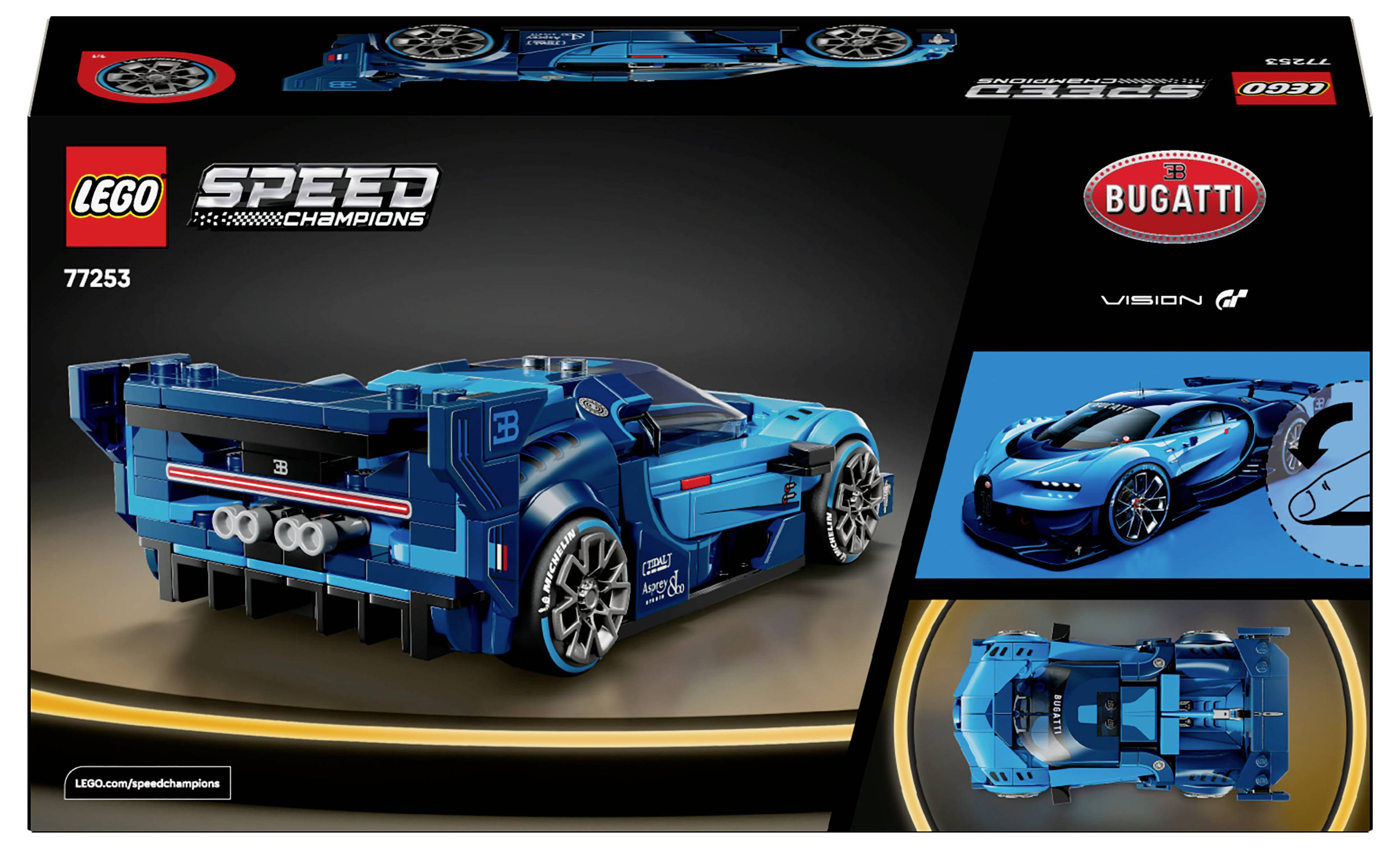 LEGO Speed Champions Set mit einem blauen Bugatti Vision Gran Turismo Automodell mit detaillierter Heckgestaltung und Markenbrandingverpackung.