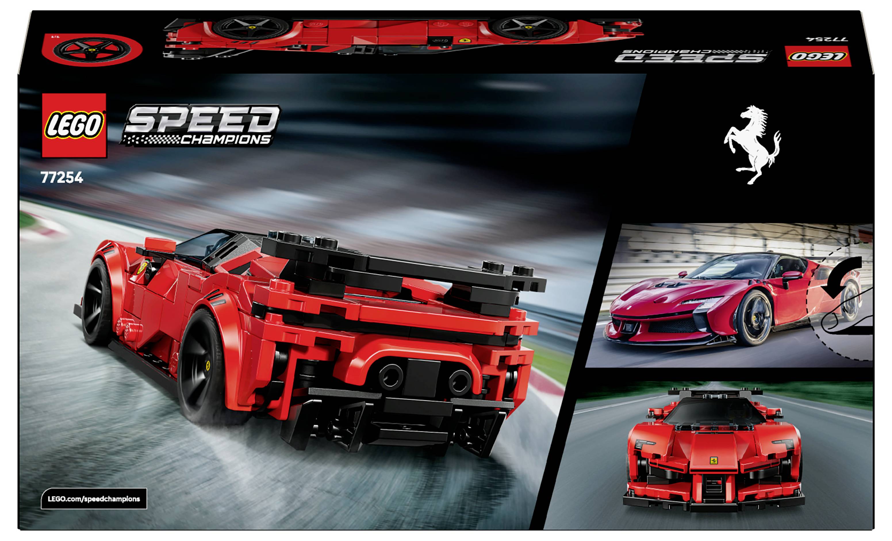 Ein LEGO-Bausatz, der einen roten Ferrari-Sportwagen aus der Speed Champions-Reihe zeigt, der auf einer Rennstrecke fährt.