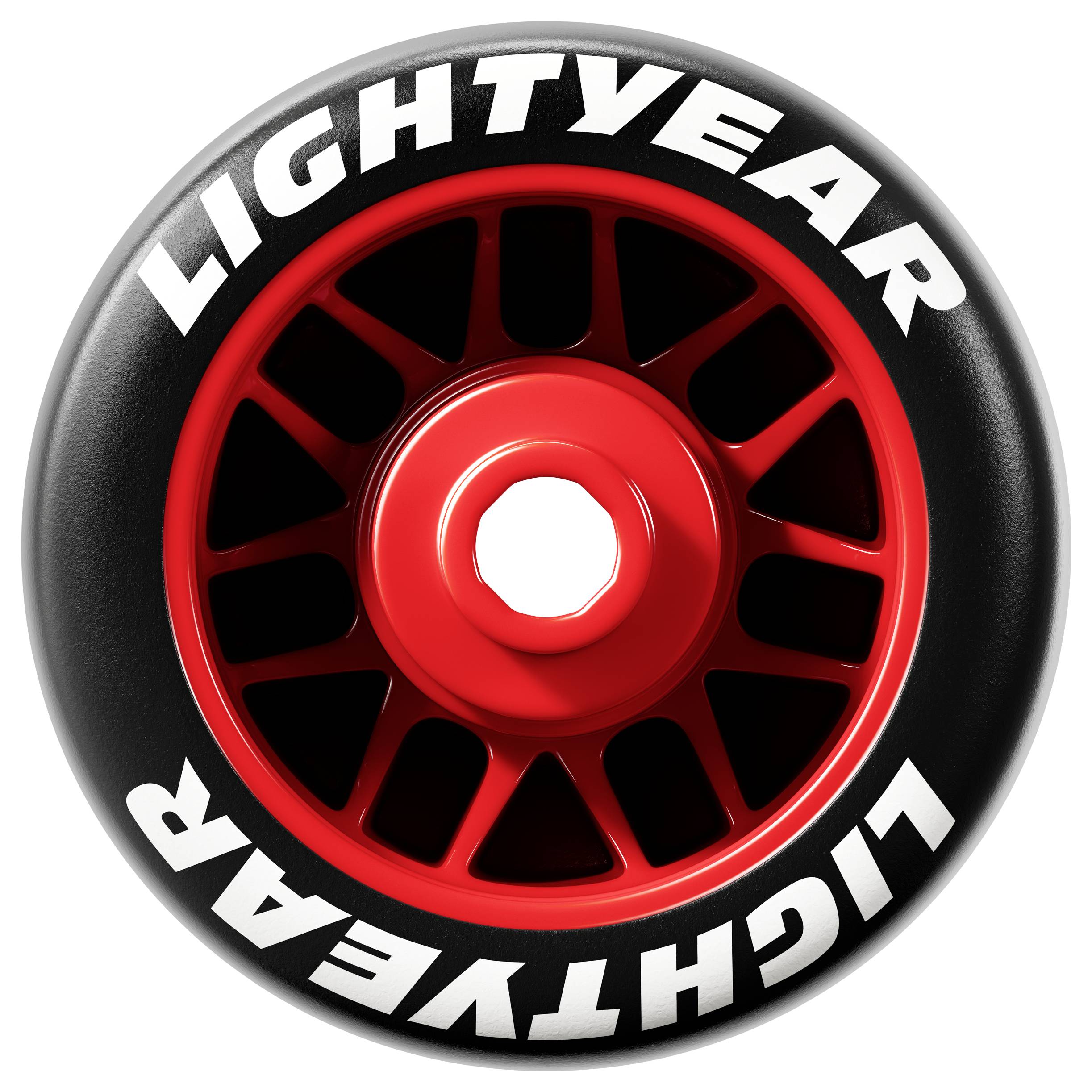 'Alightyear'-Logo auf einem schwarzen Reifen mit rotem Felgenrand und weißer Schrift.