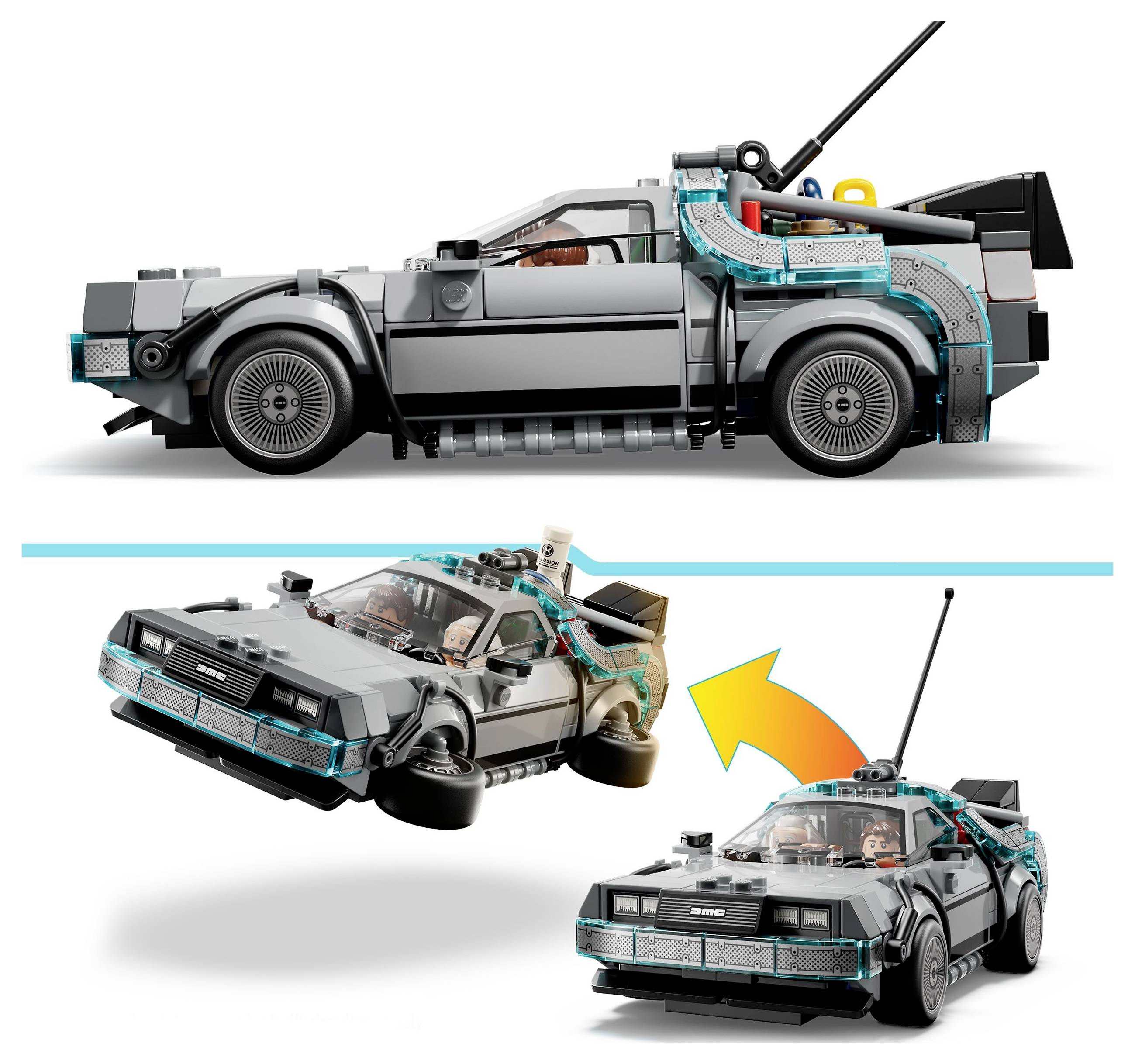 Ein Modellauto, das einem DeLorean-Zeitmaschine aus ‚Zurück in die Zukunft' ähnelt, mit austauschbaren Teilen für den Flugmodus und Rädern am Boden.