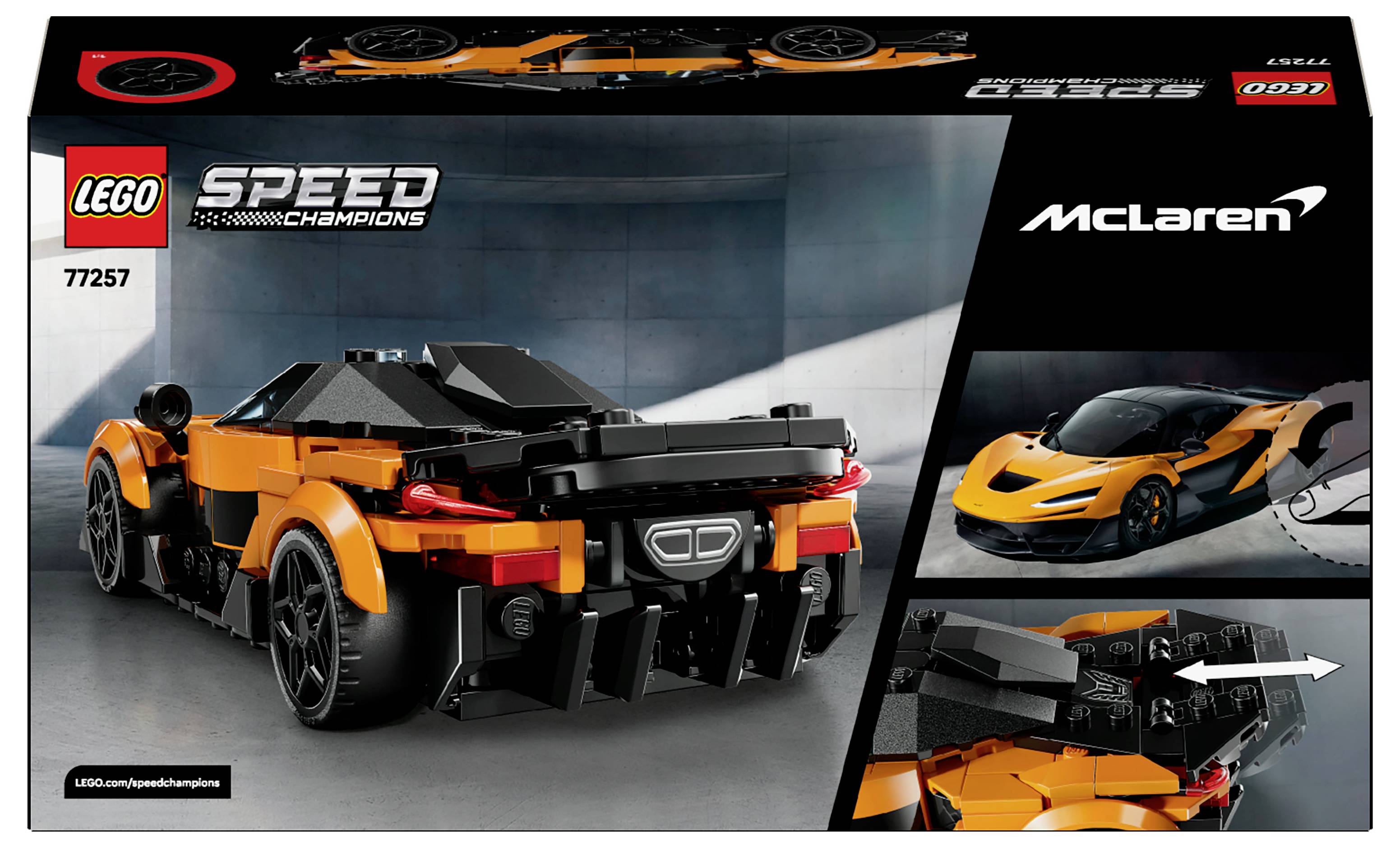 LEGO Speed Champions Schachtel mit einem orangefarbenen McLaren-Automodell vor dunklem Hintergrund, wobei die Details und Markenidentität des Spielzeugs hervorgehoben werden.