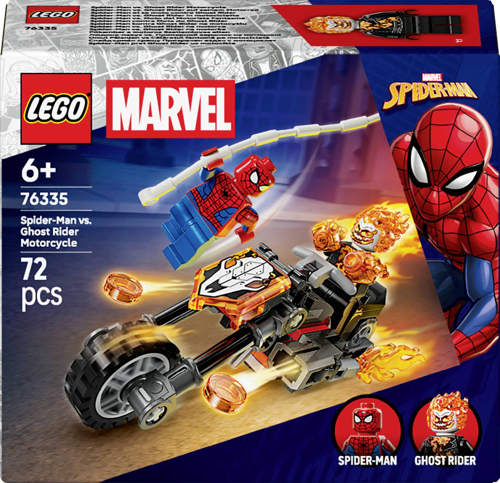 Schachtel des LEGO Marvel Sets 'Spider-Man vs. Ghost Rider Motorrad' für Kinder ab 6 Jahren, mit Spider-Man auf blauem Hintergrund.