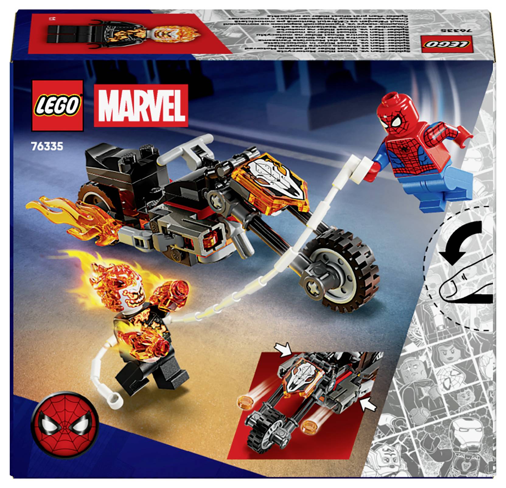 Eine LEGO Marvel Set-Schachtel mit einem brennenden Motorrad, einer Figur mit einem Flammen-Schädel und einer roten und blauen Figur, die einem Superhelden ähnelt.