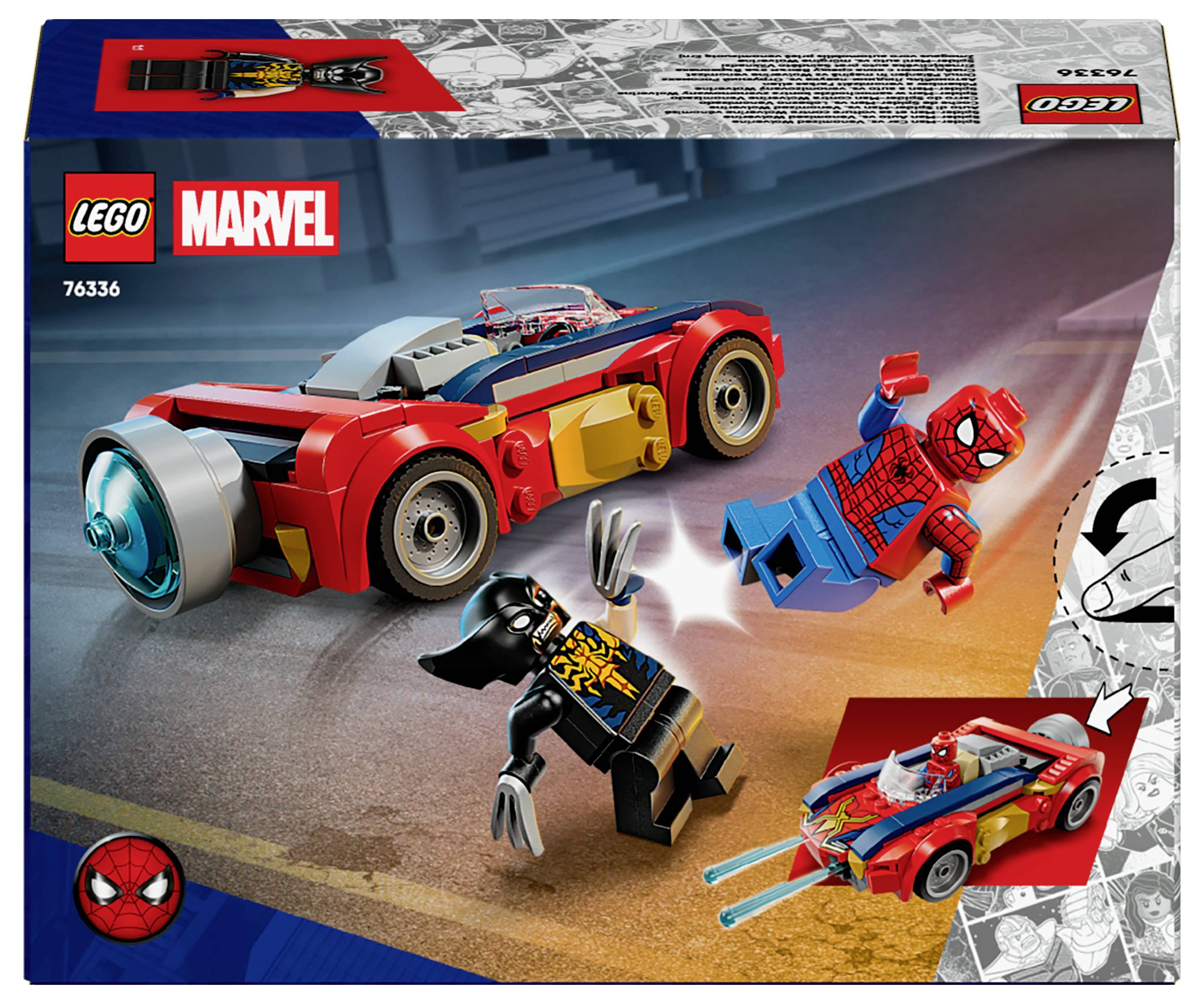 LEGO Marvel Set mit einem roten Auto und Figuren von Spider-Man und Black Panther in Aktionsposen.
