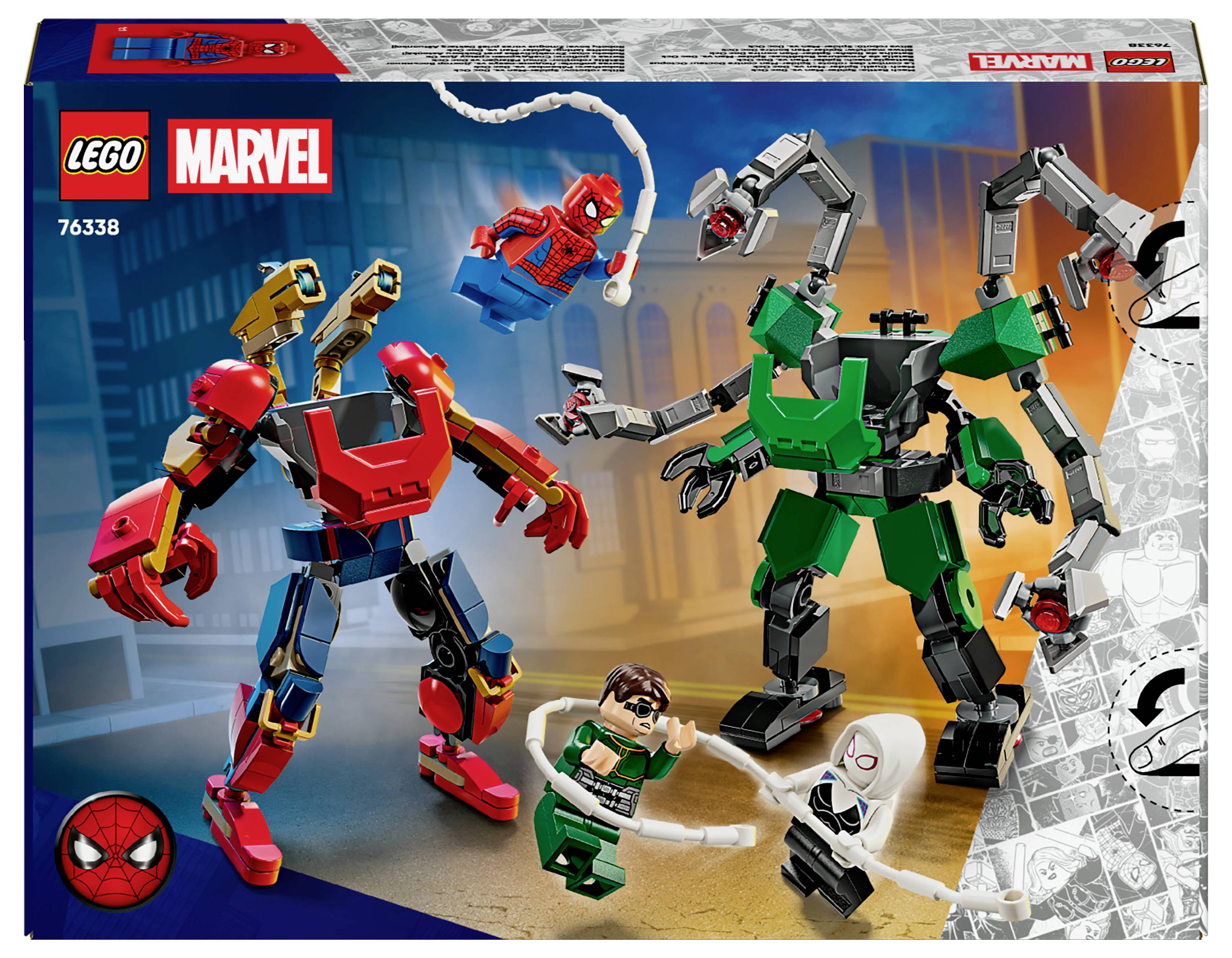 LEGO Marvel Set mit Spider-Man, Doc Ock und anderen Charakteren, mit zwei Robotfiguren in Aktionsposen auf der Verpackungsvorderseite.