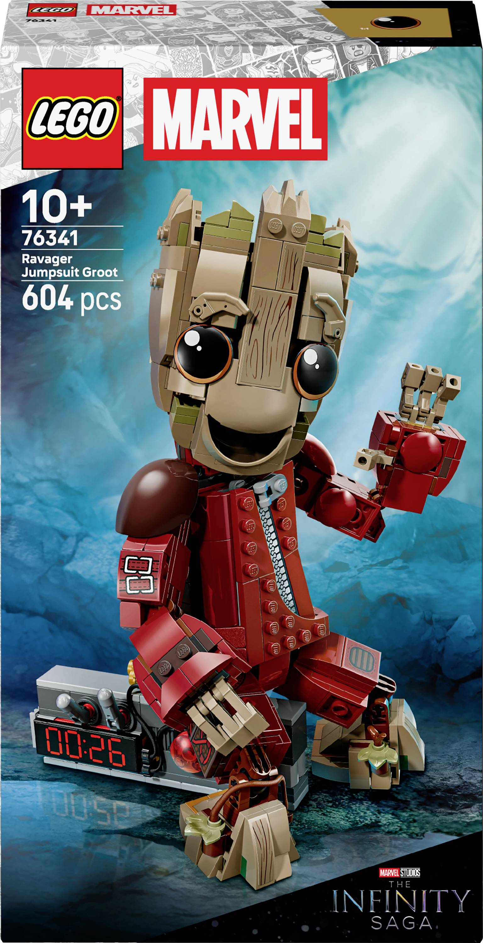 Lego Marvel Ravager Jumpsuit Groot, Set 76341, 604 Teile für Kinder ab 10 Jahren, mit Groot in einem roten Jumpsuit und Präsentationsständer.