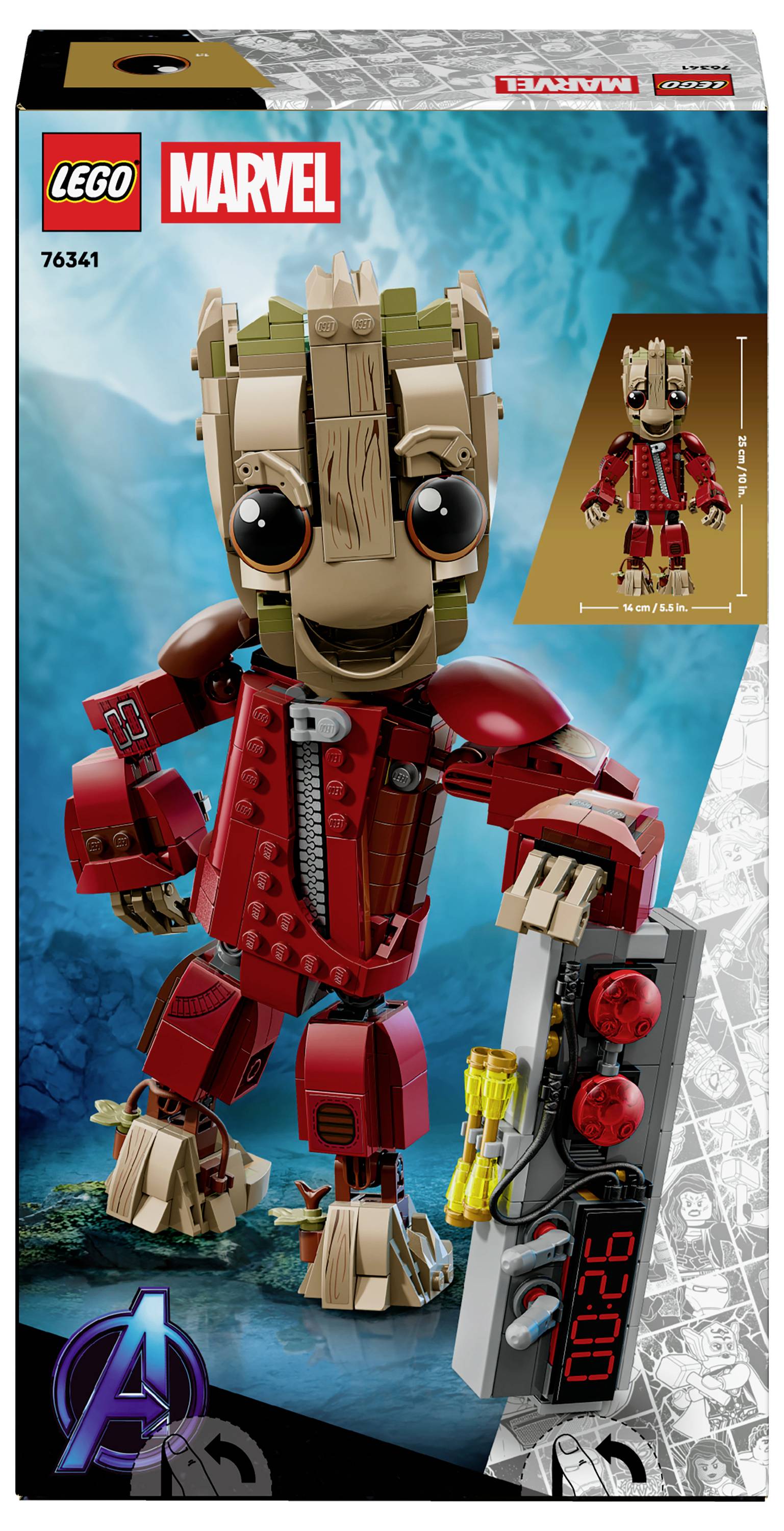 LEGO Marvel Spielzeugschachtel mit einem Charakter mit großen Augen und rotem Kostüm, der ein Gerät mit Tasten und einem Bildschirm hält.