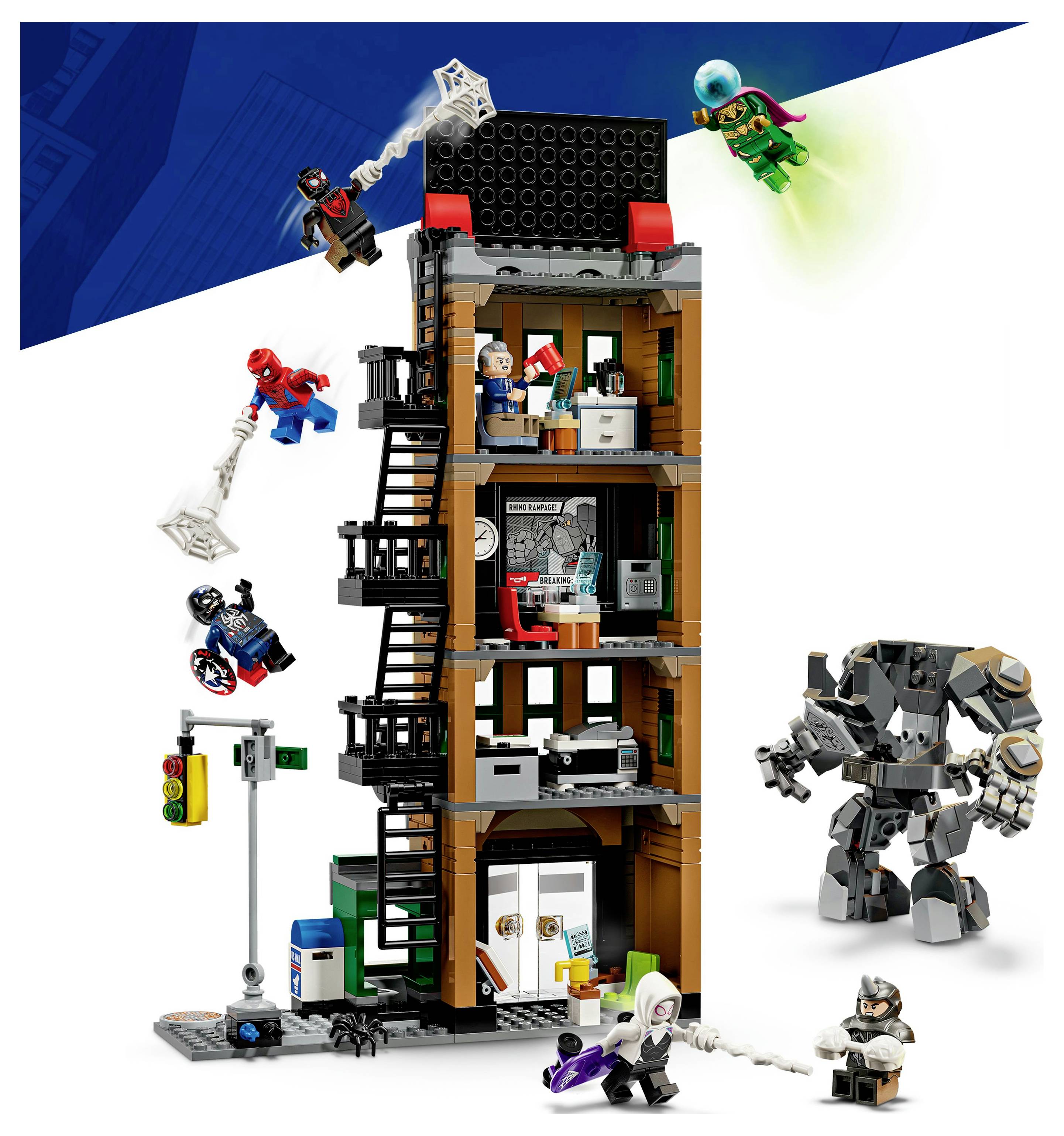 Ein LEGO Marvel Set, das ein mehrstöckiges Stadtgebäude mit Spider-Man Figuren und Bösewichten darstellt. Bietet dynamische Actionszenen auf jedem Stockwerk.