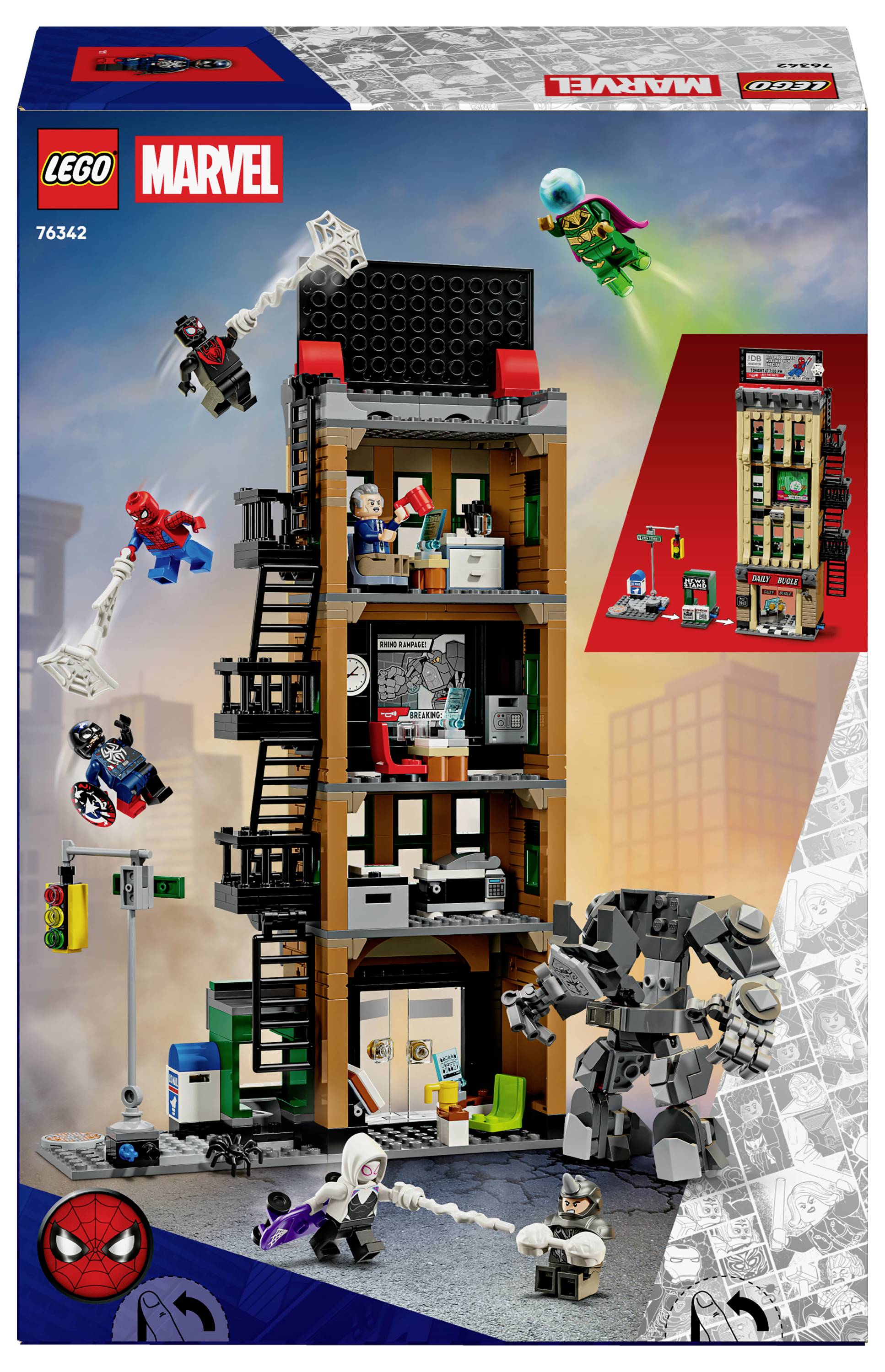 LEGO Marvel Bausatz mit Spider-Man, Doktor Oktopus und anderen Charakteren in Action vor einer mehrstöckigen Gebäudefassade.