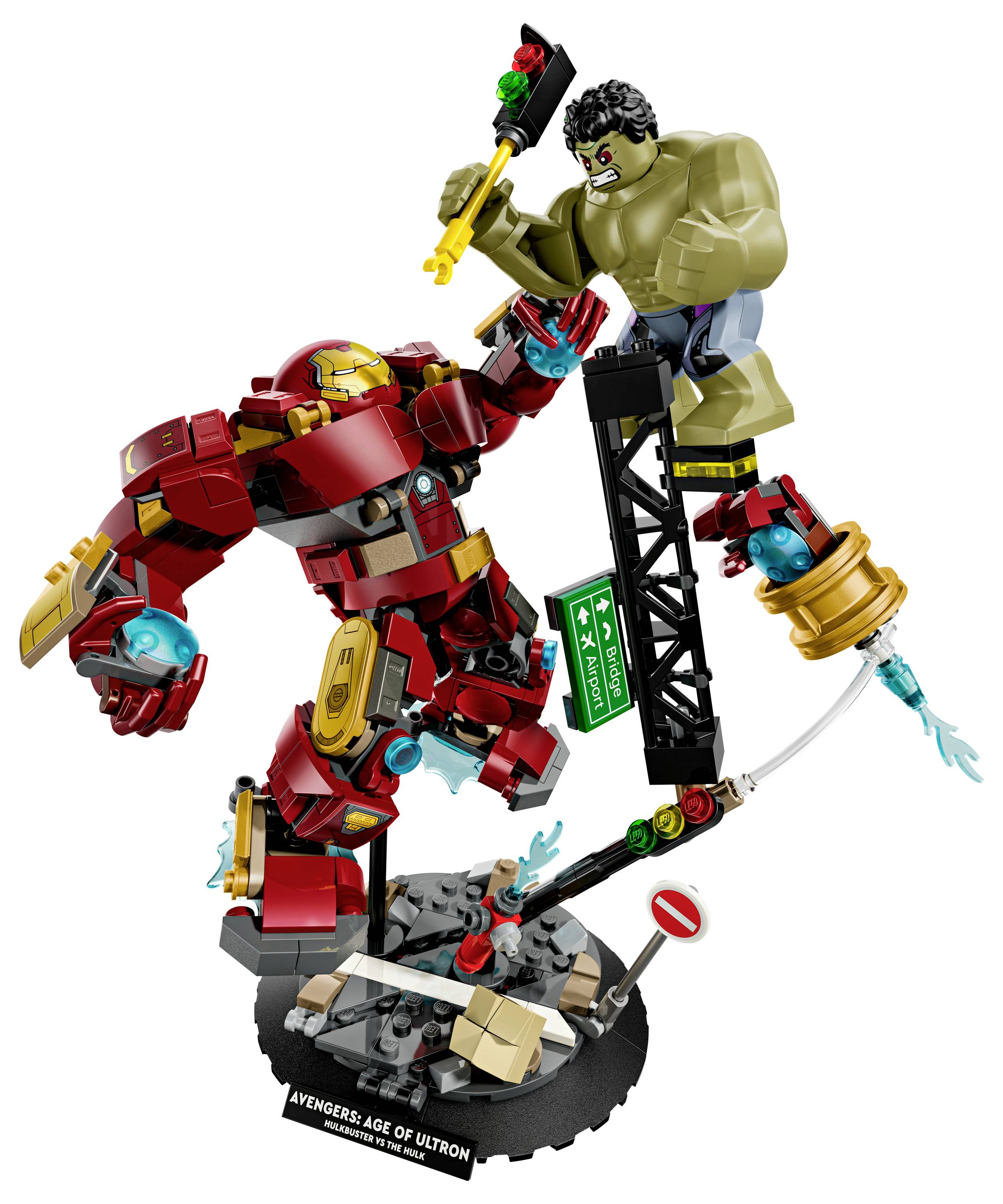 Ein rot-goldener Roboter kämpft auf einer schwarzen Basis mit der Beschriftung 