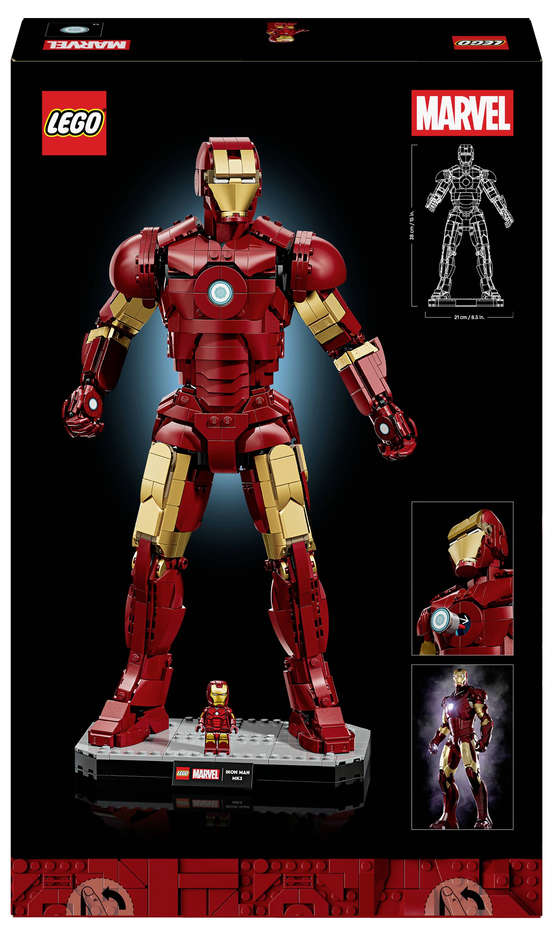 Lego Marvel Iron Man Figuren-Set Box mit einem detaillierten Iron Man-Modell, einer leuchtenden Brust, einer Mini-Iron Man-Figur und Produktbildern.