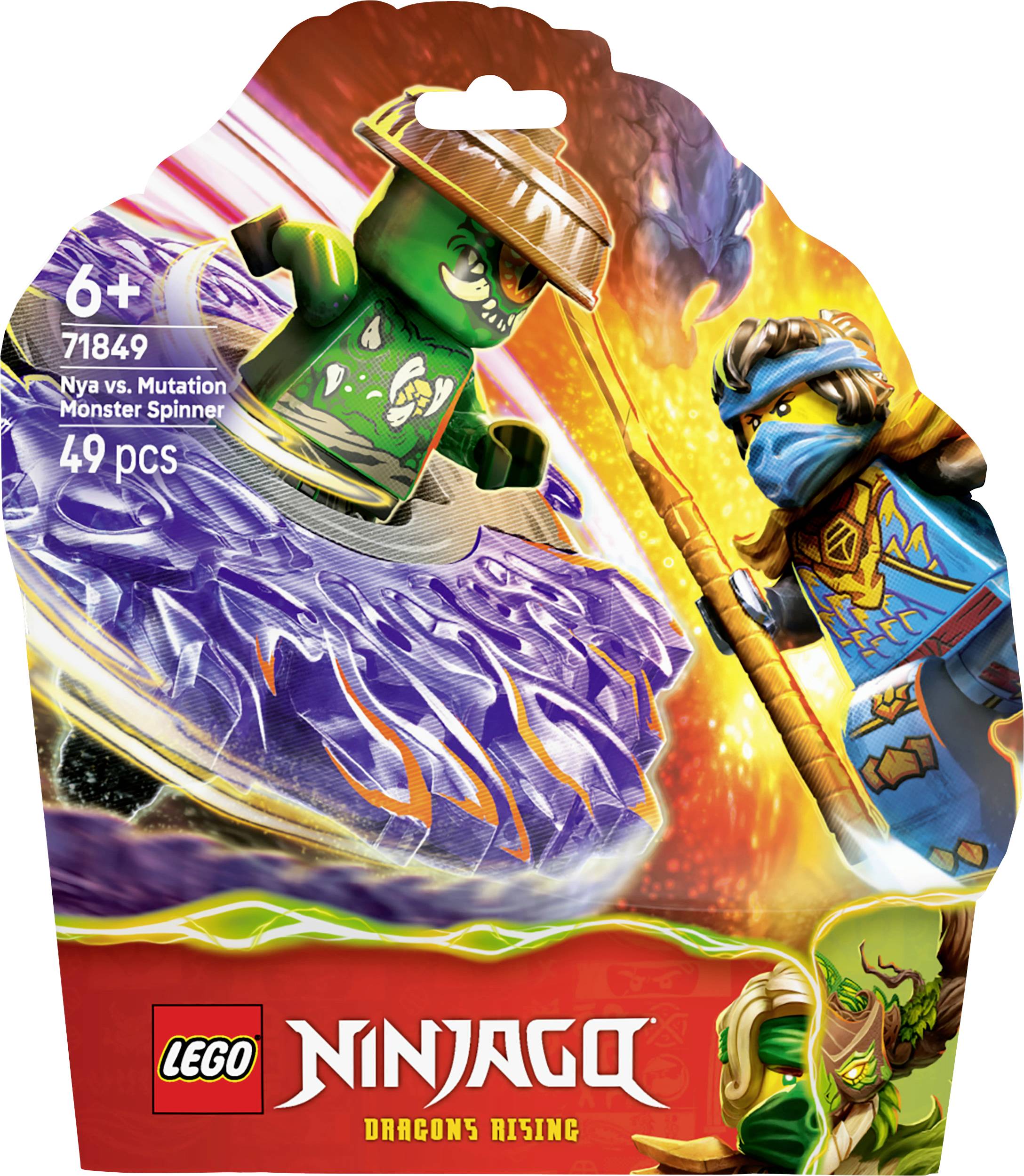 LEGO Ninjago 'Nya gegen Monster-Mutant Spinner' Spielzeugverpackung, die zwei Charaktere in Kampfstellung vor einem hellen, feurigen Hintergrund zeigt.